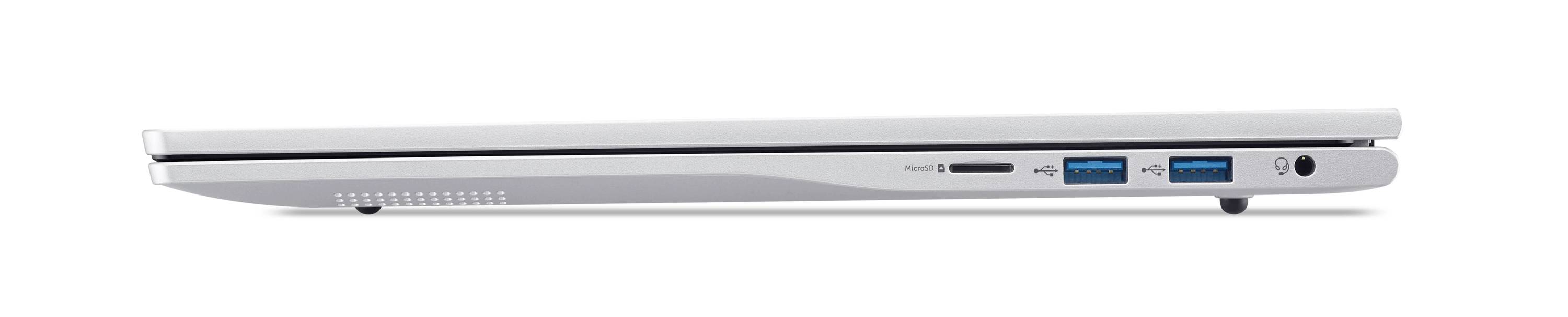Seitenansicht eines silbernen Laptops, die das geschlossene Profil mit Anschlüssen und ein schlankes Design zeigt.