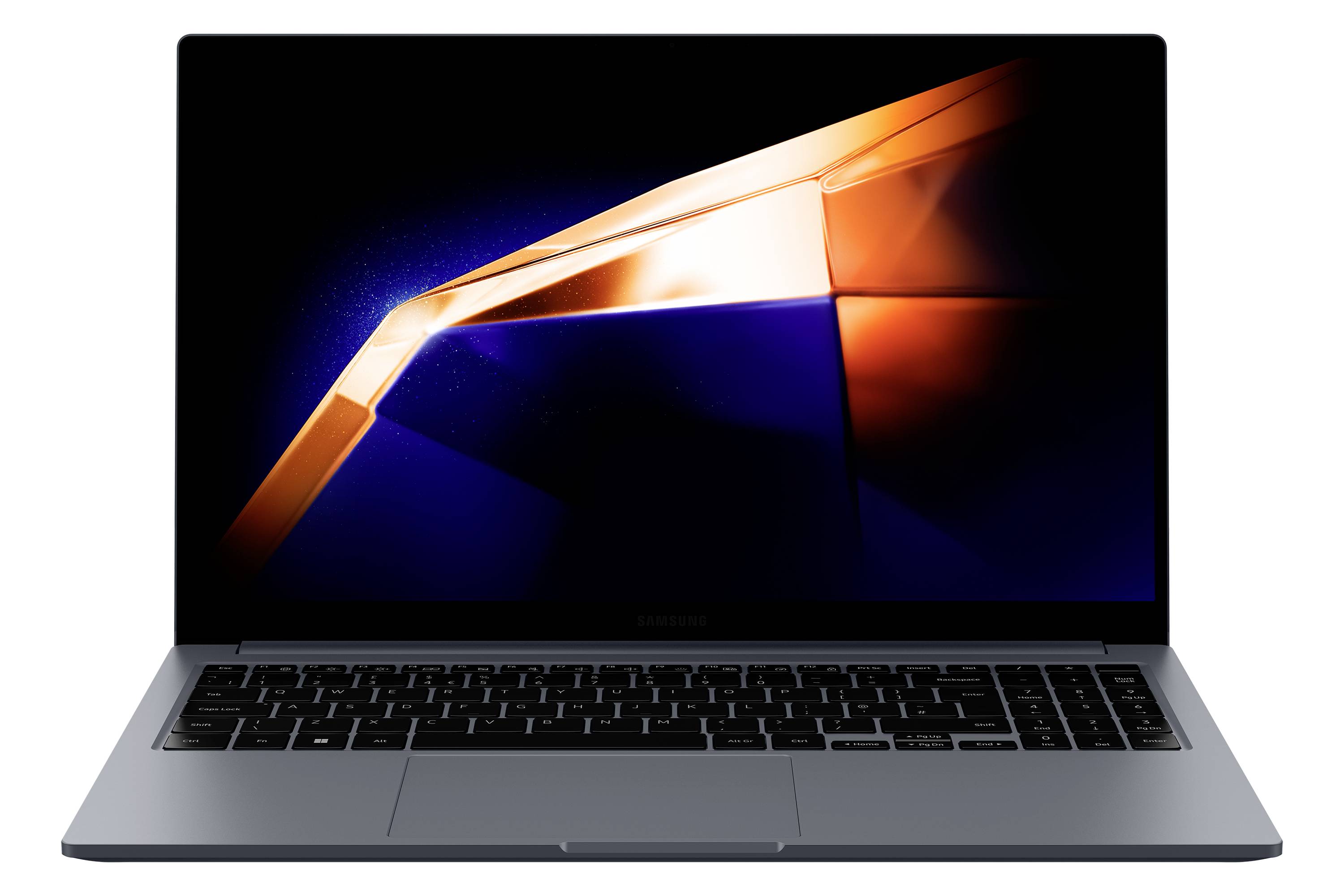 Silberner Laptop offen mit abstraktem orangefarbenem und blauem geometrischen Licht auf dem Bildschirm