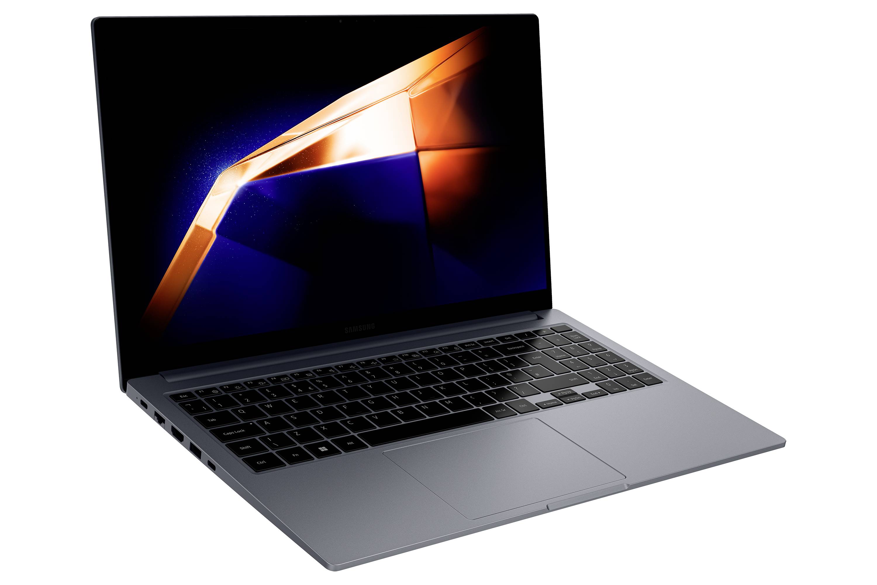 Laptop auf weißem Hintergrund geöffnet mit abstraktem orange- und blauem Bildschirm.