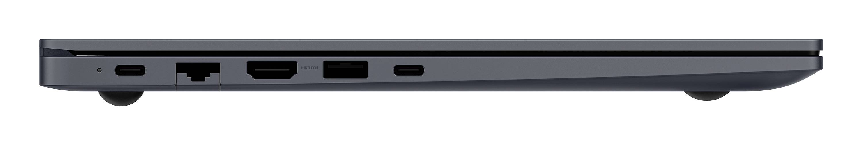 Seitenansicht eines geschlossenen Laptops, die das schlanke Profil und mehrere Anschlüsse an der Kante zeigt.