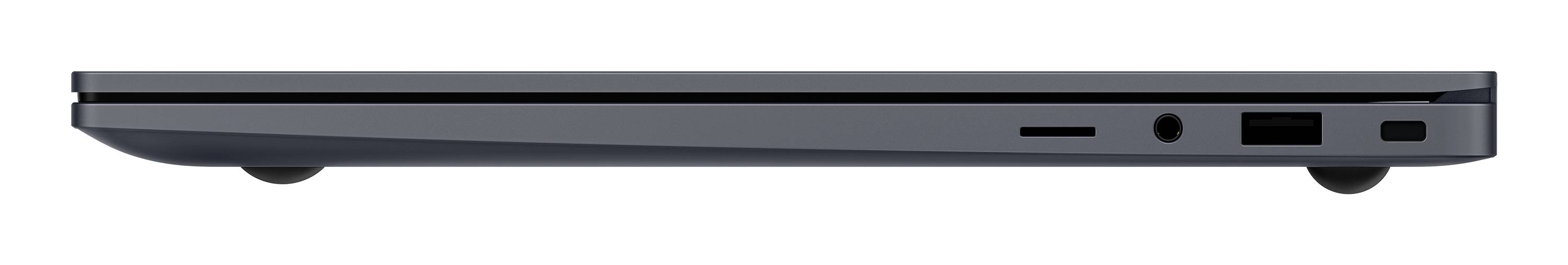 Seitenansicht eines geschlossenen schwarzen Laptops mit seiner dünnen Kante und Anschlüssen auf der rechten Seite.