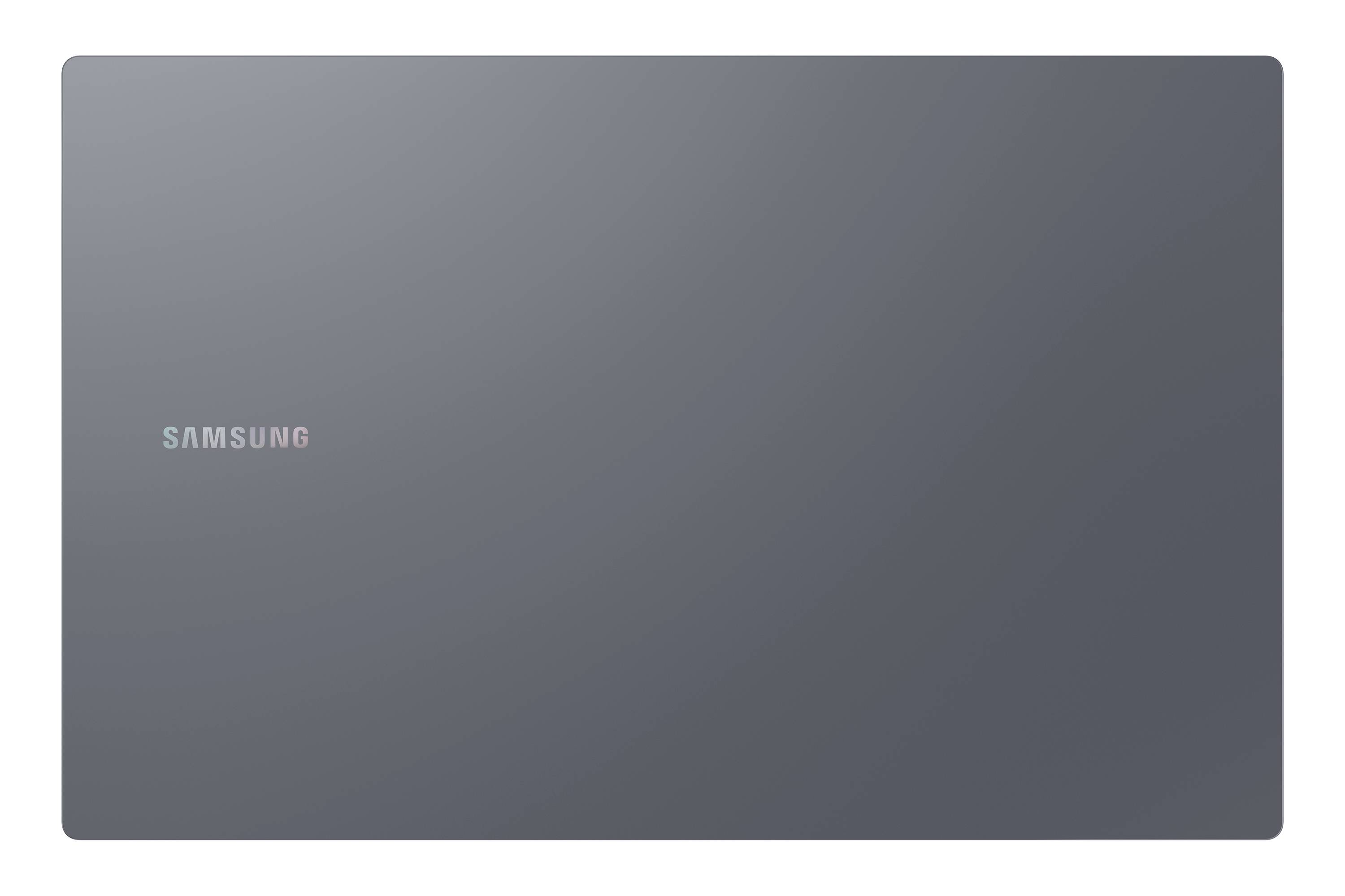 Geschlossener grauer Samsung-Laptop mit zentriertem Samsung-Logo auf dem Deckel.