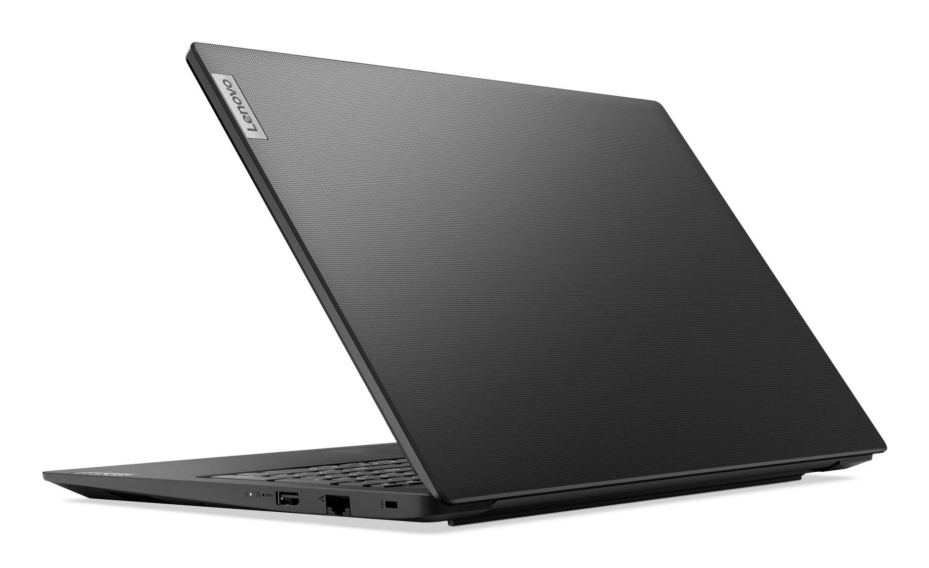 Offener schwarzer Lenovo-Laptop, leicht geöffnet, auf weißem Hintergrund gezeigt