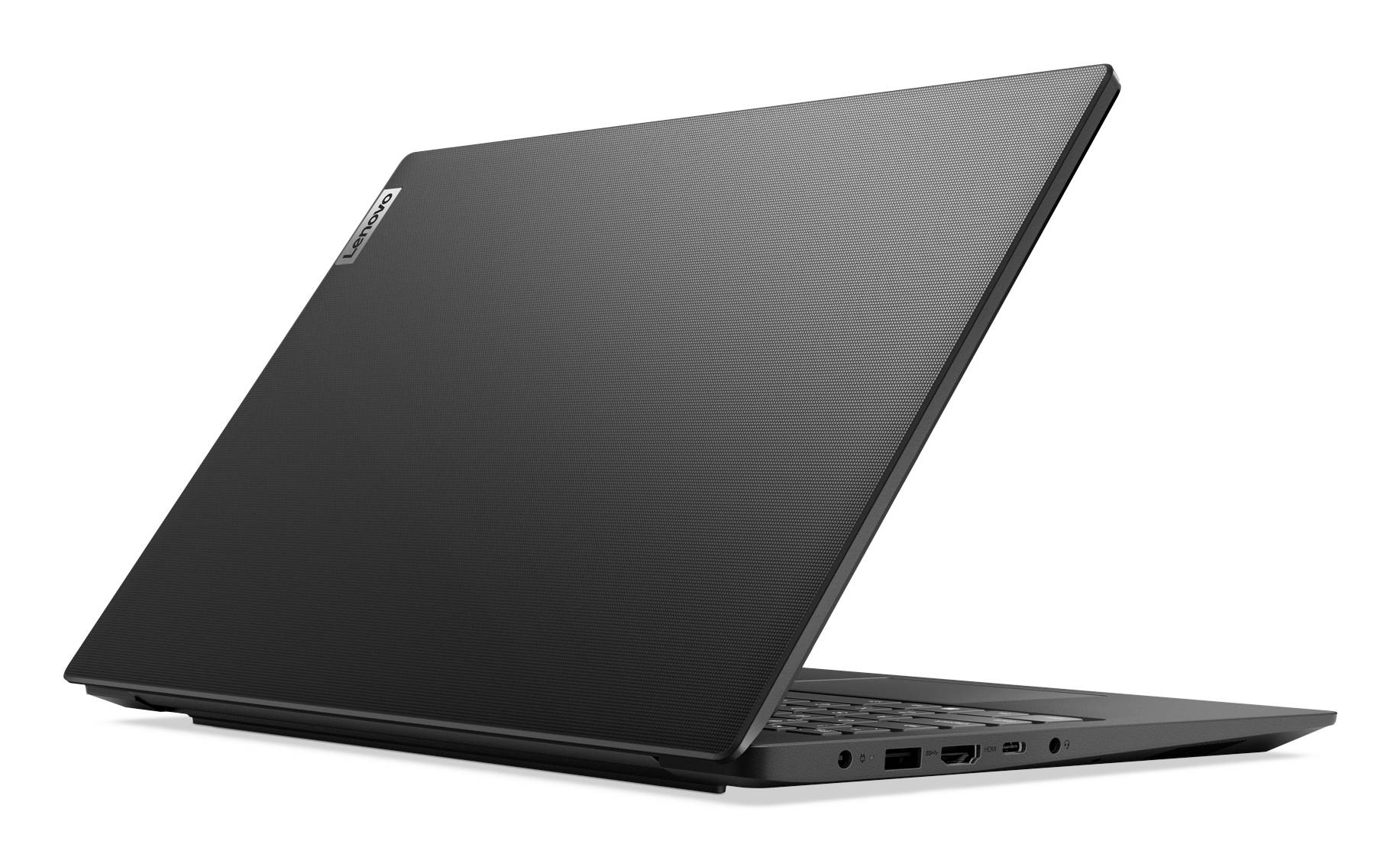 Schwarzer Laptop teilweise geöffnet auf weißem Hintergrund, in Seitenansicht mit sichtbaren Anschlüssen an der rechten Kante.