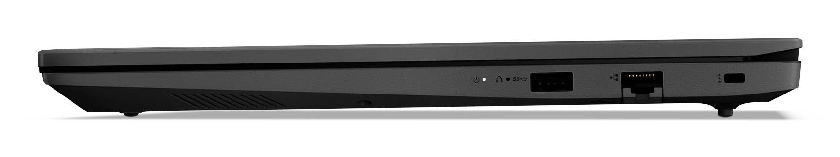 Seitenansicht eines geschlossenen schwarzen Laptops, das die Vorderkante mit Anzeigelampen, Anschlüssen und einem zentrierten Scharnier zeigt.