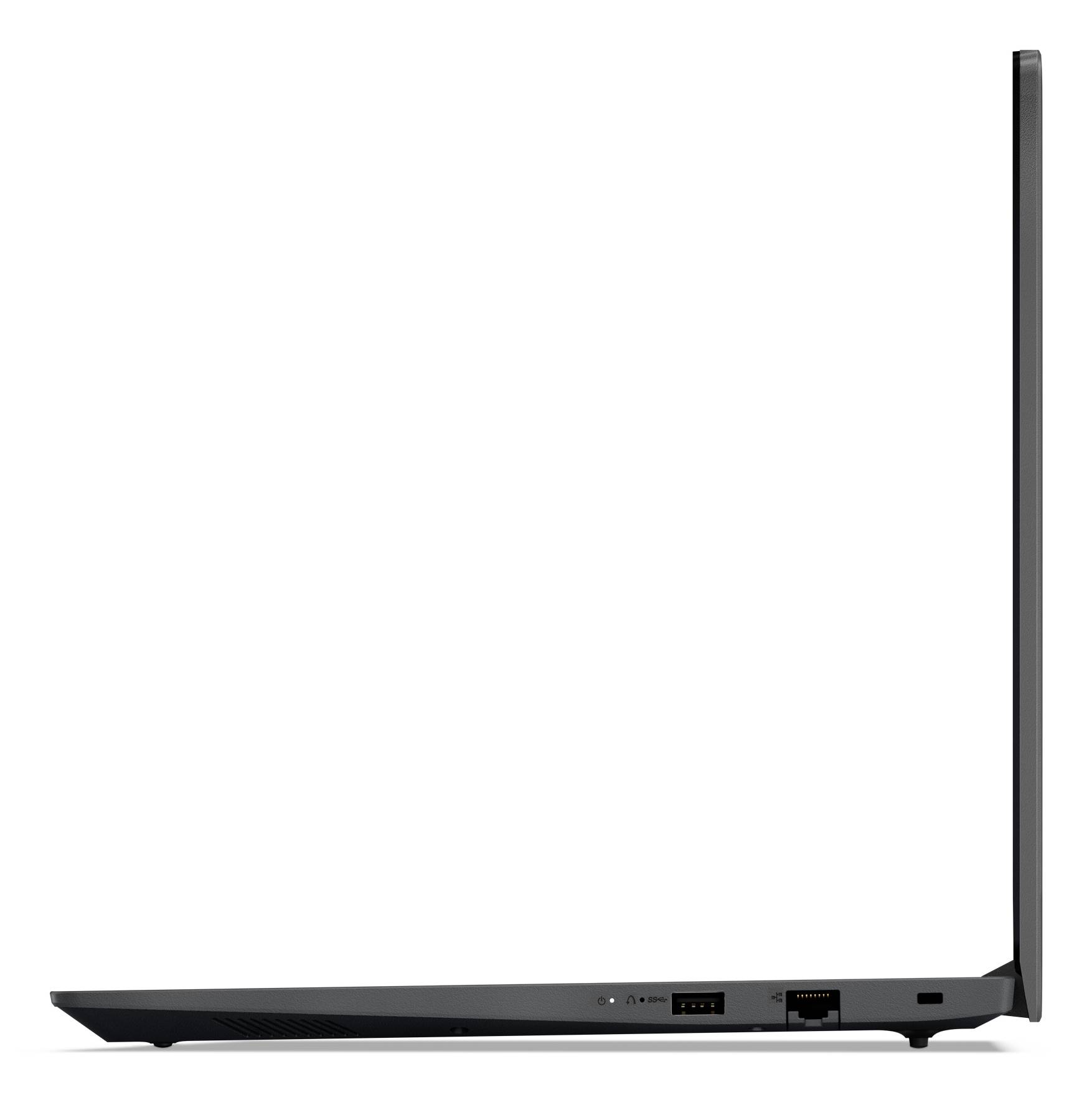 Seitenansicht eines schwarzen, etwa 90 Grad geöffneten Laptops, der ein dünnes Profil, die Tastaturablage, Anschlüsse und ein angehobenes Display zeigt.