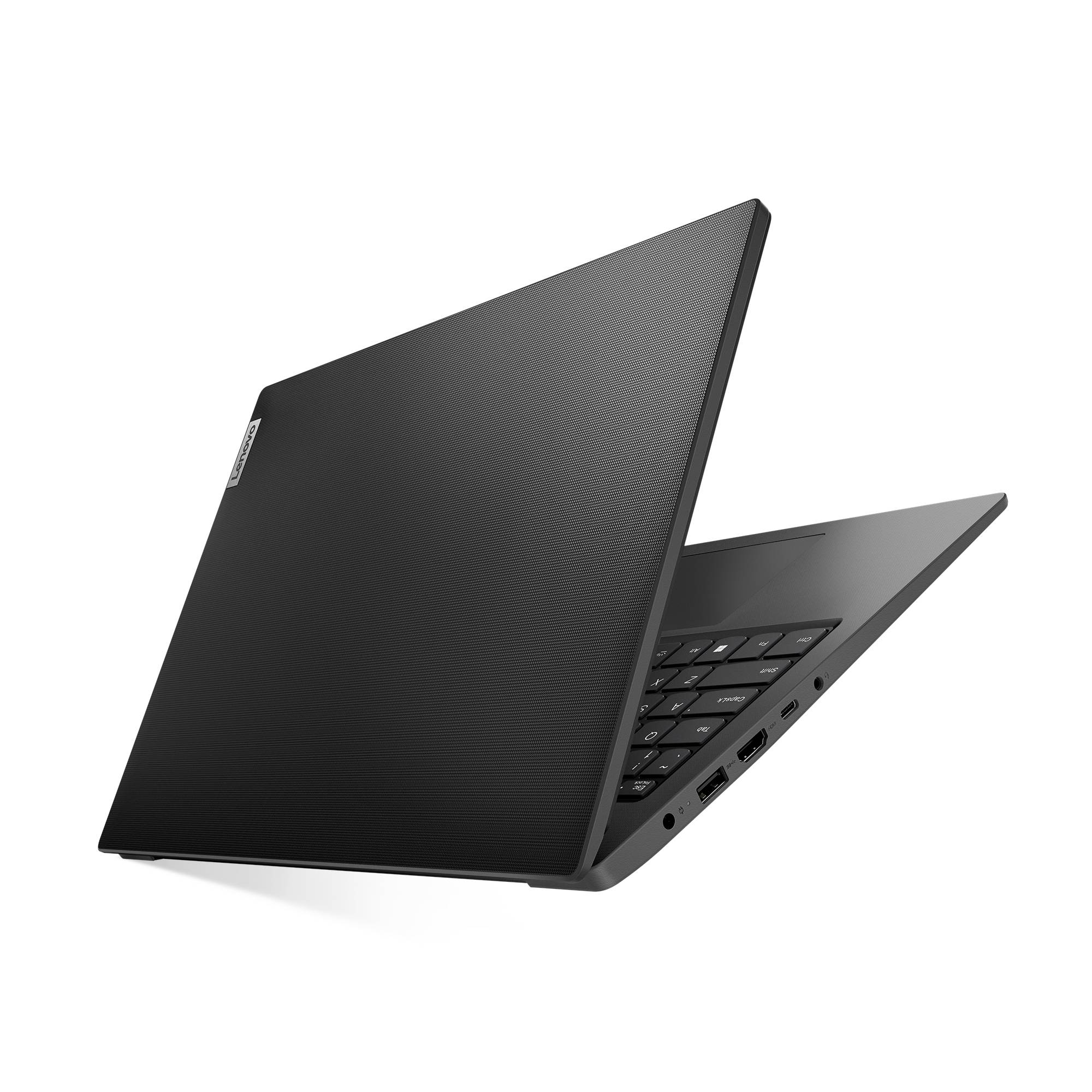 Schwarzer Laptop, der auf weißem Hintergrund teilweise geöffnet angezeigt wird, mit sichtbarer Tastatur und Seitenports.