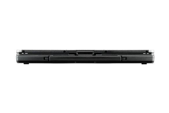Seitenansicht eines geschlossenen schwarzen Laptops, horizontal vor weißem Hintergrund dargestellt.