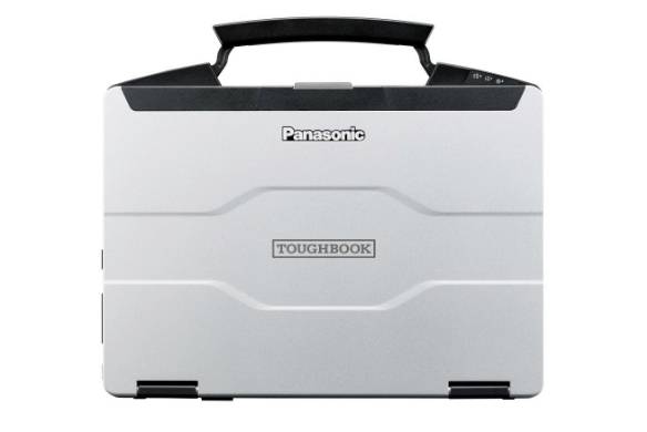 Vorderansicht eines silbernen Panasonic Toughbook-Rugged-Laptops mit Tragegriff, geschlossen vor weißem Hintergrund.