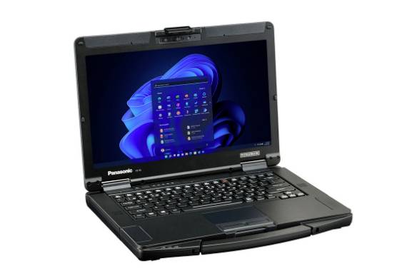 Ein robuster Panasonic-Laptop, auf weißem Hintergrund offen, zeigt einen Windows-Desktop auf dem Bildschirm.