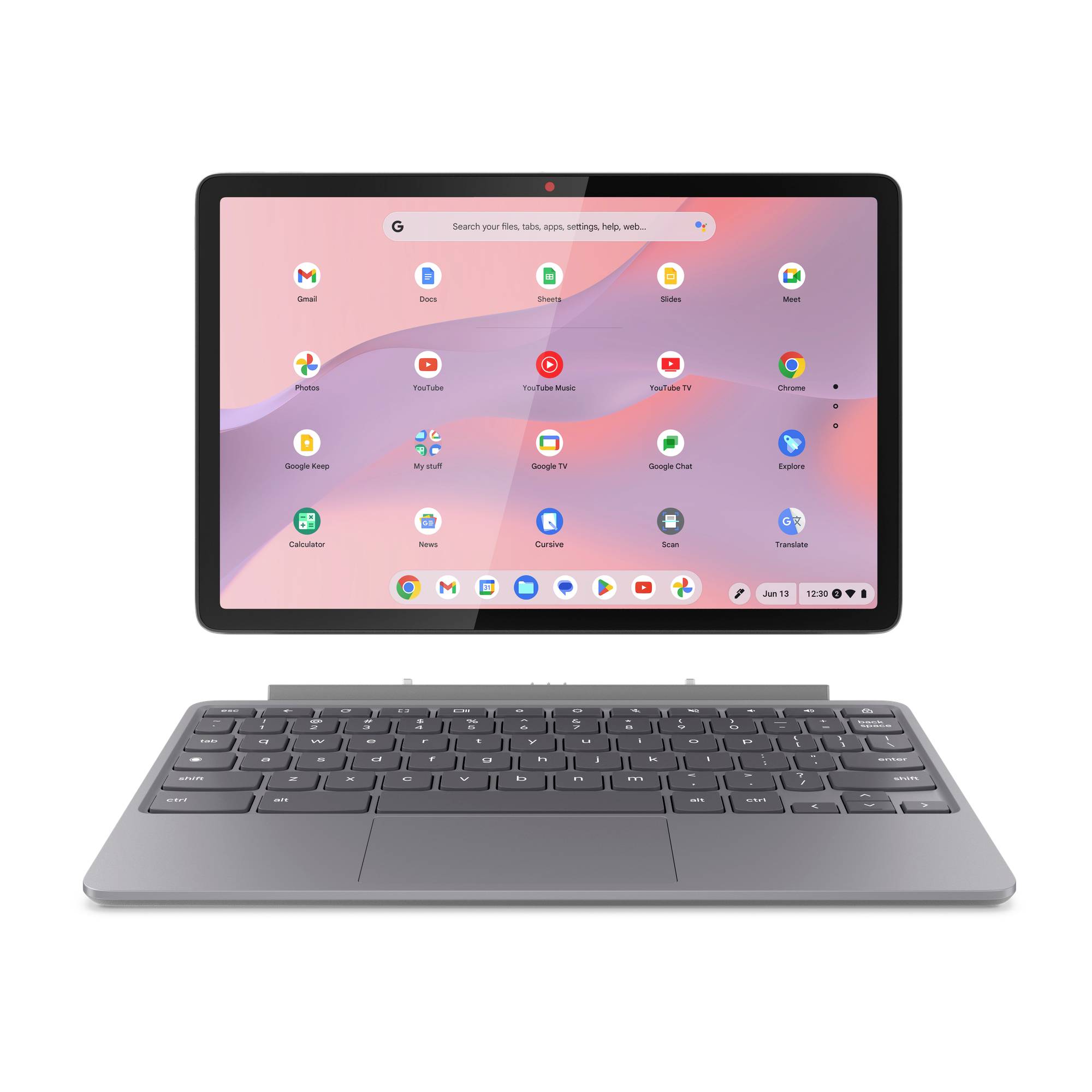 Ein Chromebook-Tablet mit angeschlossener Tastatur zeigt den Chrome OS Startbildschirm mit App-Symbolen und einer Suchleiste an.