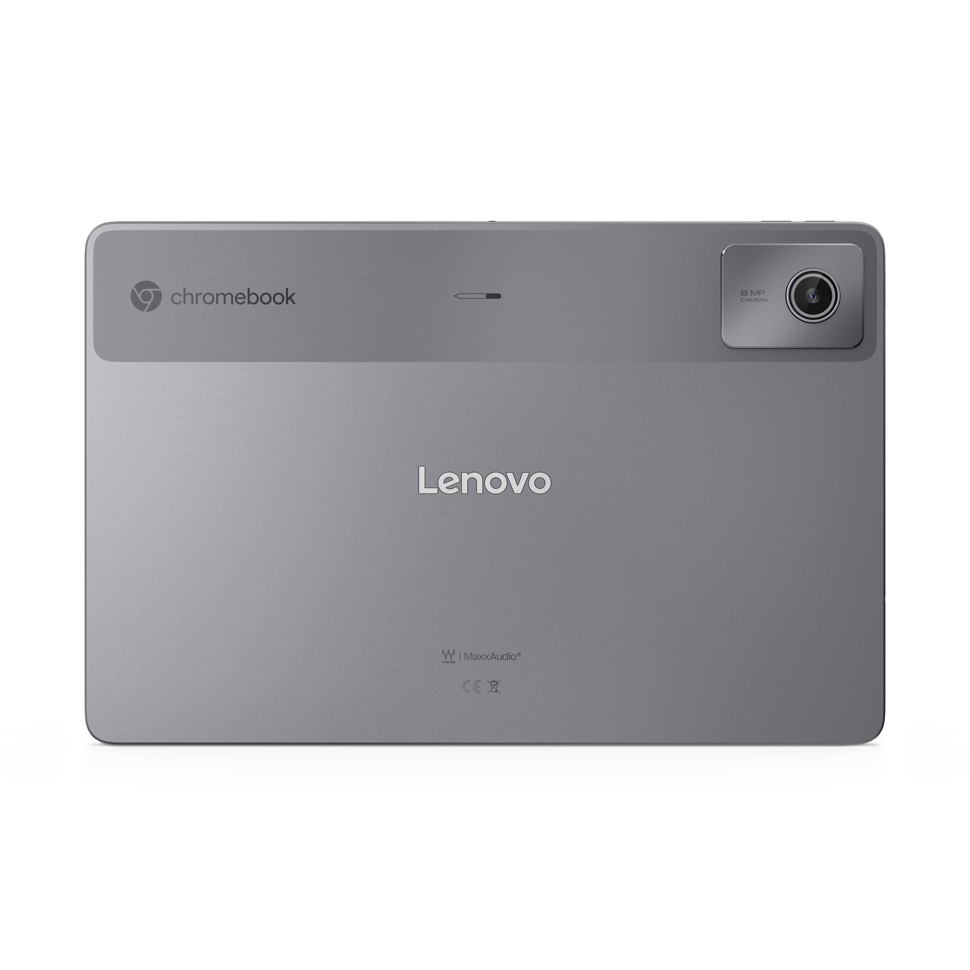 Rückseite eines grauen Lenovo Chromebook-Laptops mit einem Kameramodul in der oberen rechten Ecke.