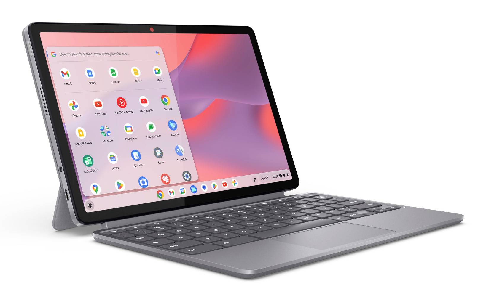 Grauer Chromebook-Tablet im Laptop-Modus mit Tastatur, auf dem der Chrome OS App-Launcher auf einem rosa-violetten Startbildschirm angezeigt wird.