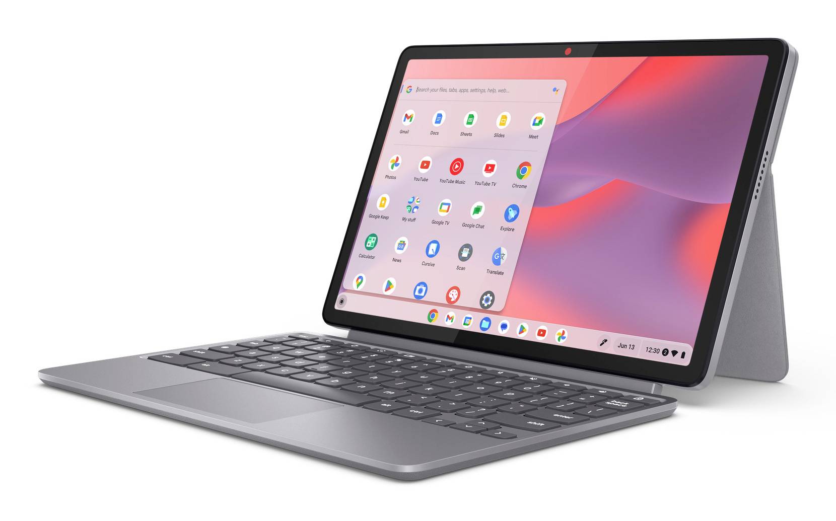 Chrome OS-Tablet mit Schutzhülle mit Tastatur im Zeltmodus dargestellt, auf dem Bildschirm das App-Startprogramm angezeigt