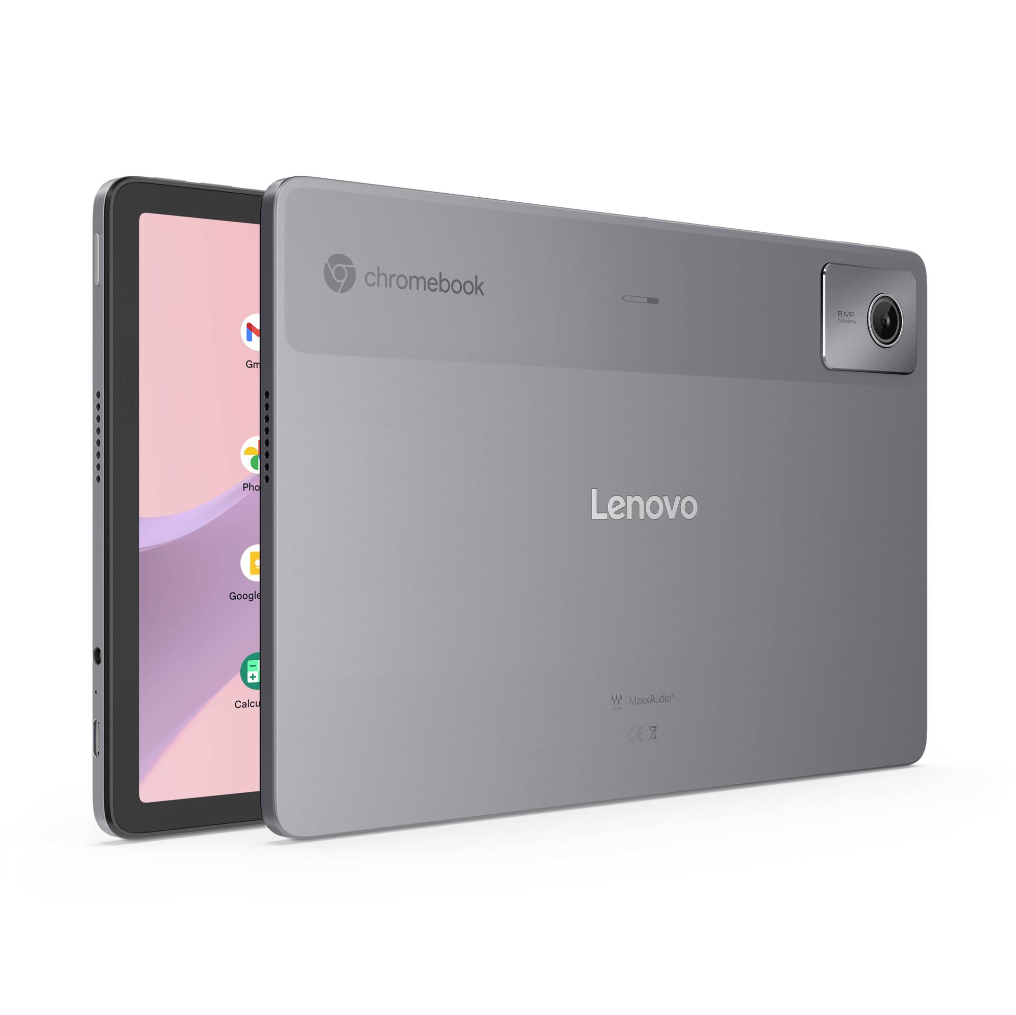 Graues Lenovo Chromebook-Tablet mit Rückfahrkamera, in Schrägansicht dargestellt mit teilweise sichtbarem Bildschirm auf weißem Hintergrund.