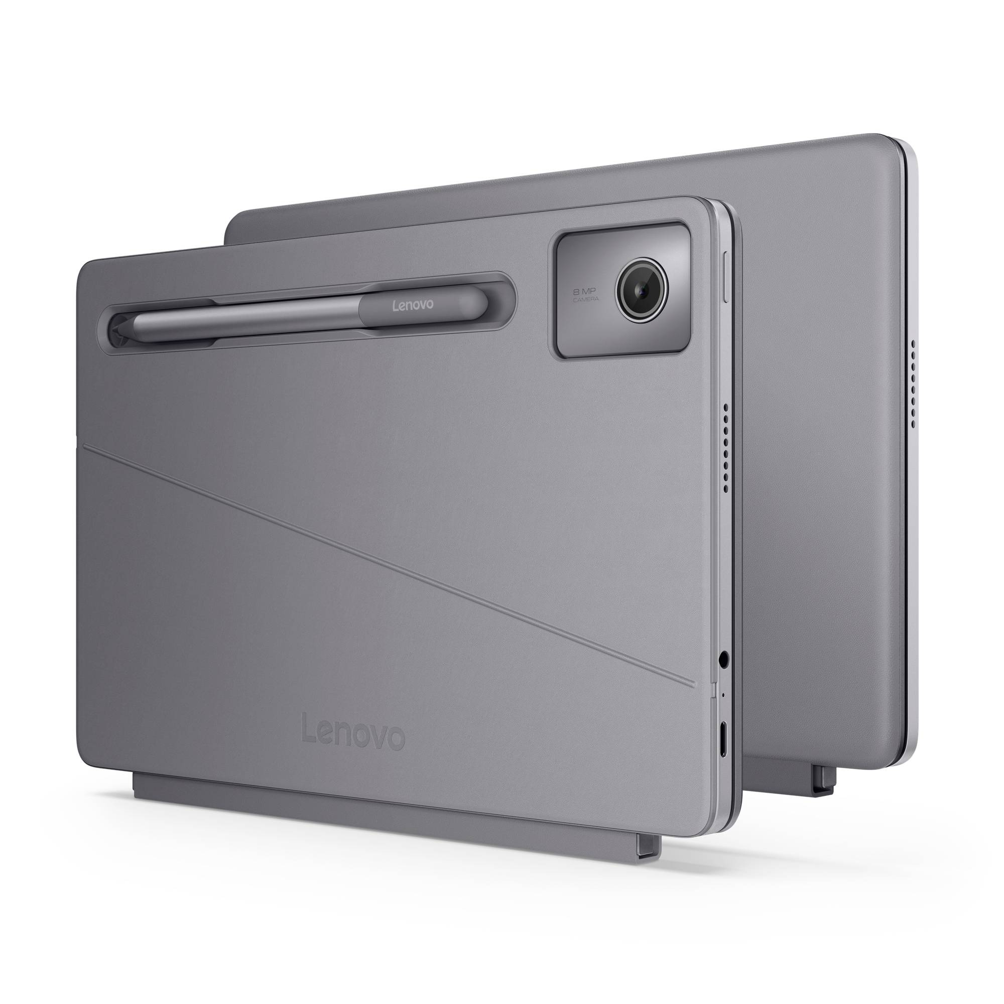 Zwei graue Lenovo-Tablets Rücken an Rücken auf weißem Hintergrund, mit integriertem Stylus und rückwärtiger Kamera.