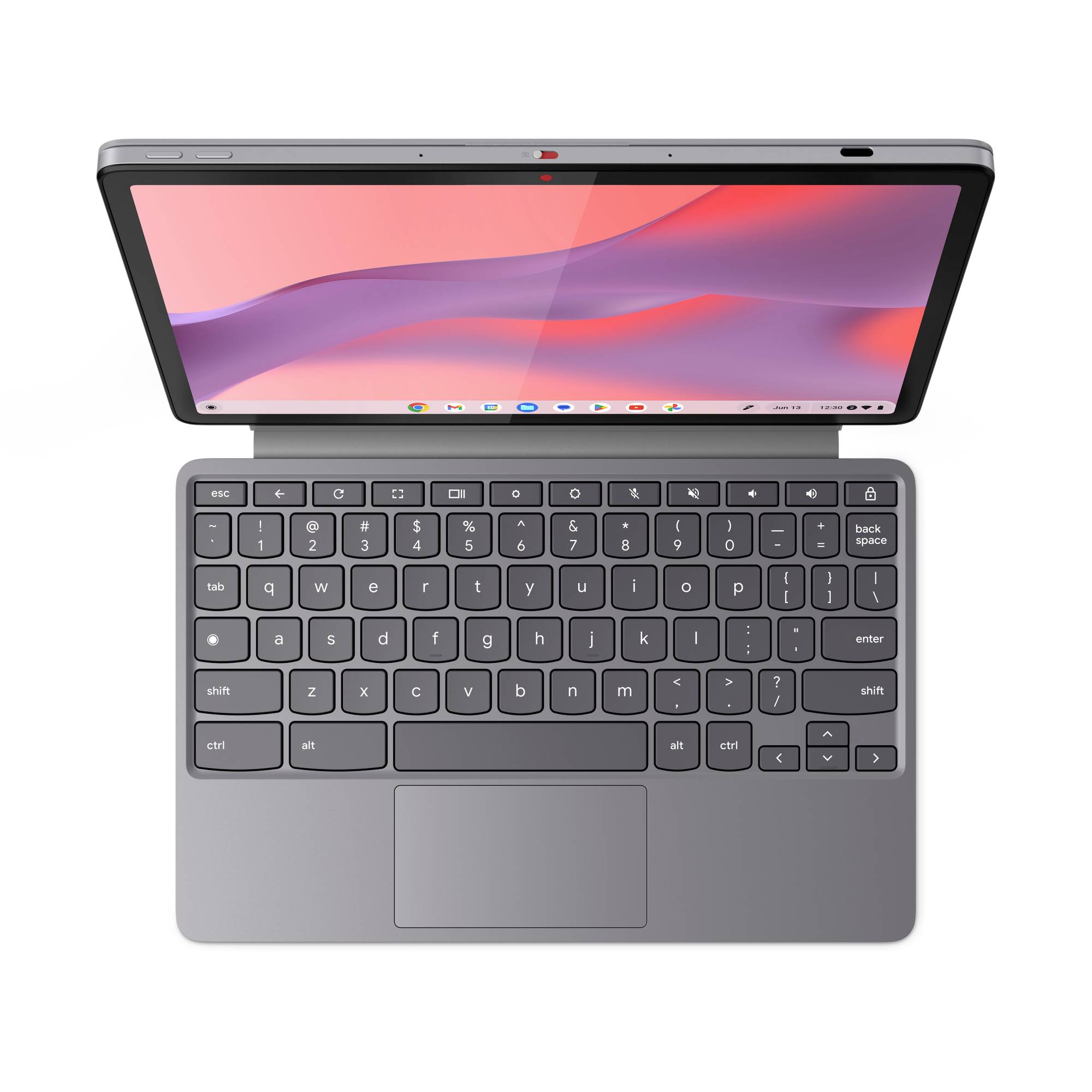 Offener Laptop von oben gezeigt mit eingeschaltetem Bildschirm und kompakter grauer Tastatur mit Trackpad, auf dem ein abstraktes rosa und violettes Desktophintergrundbild angezeigt wird.