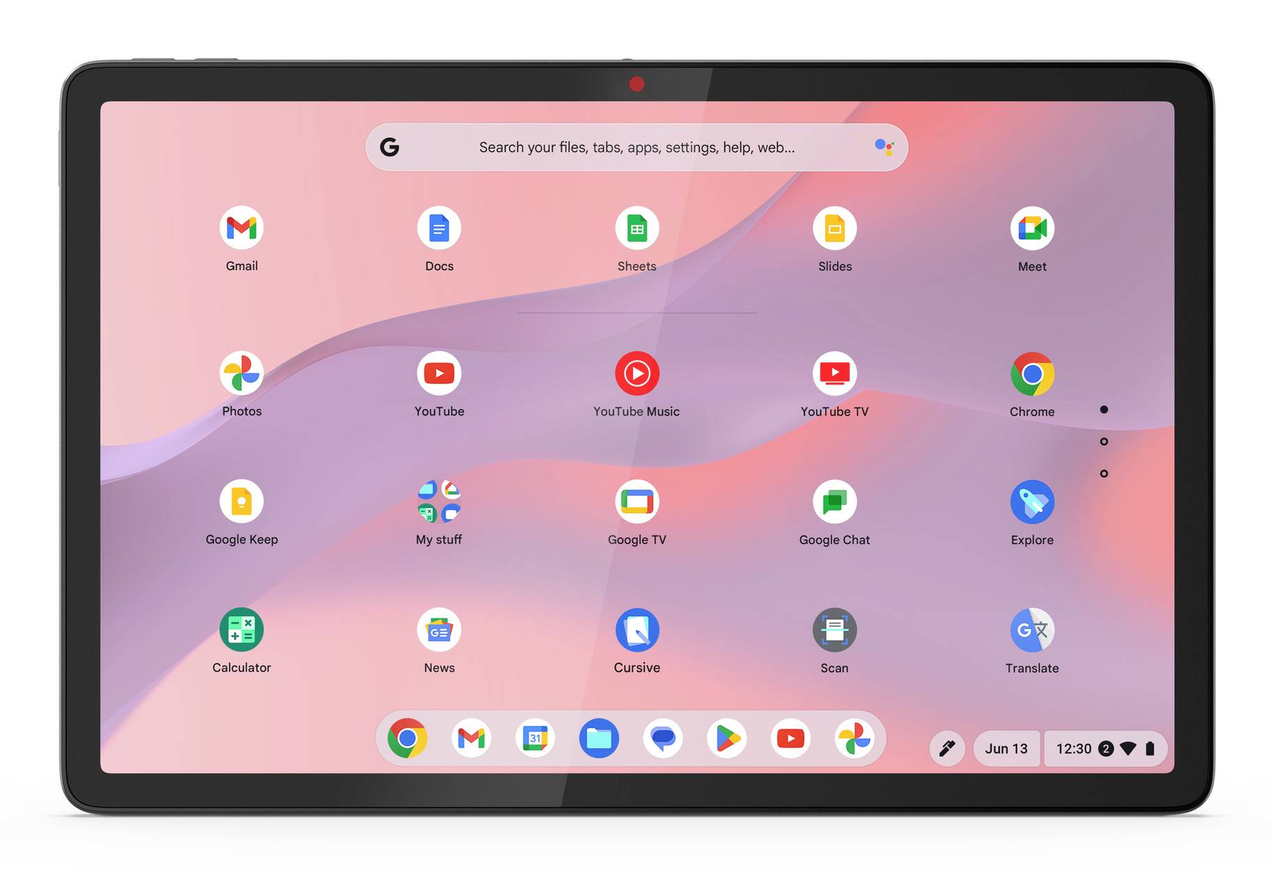 Tablet-Startbildschirm mit einer Google-Suchleiste und App-Symbolen wie Gmail, Docs, Sheets, YouTube, Chrome und Kalender auf einem rosa-violetten Hintergrund.