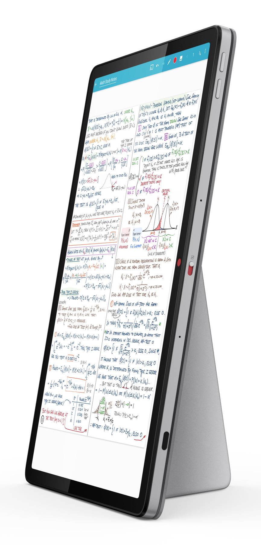 Eine Tablette auf einem Ständer, die ein handgeschriebenes Lernblatt mit mehrfarbigen Notizen und Diagrammen auf einem weißen Bildschirm anzeigt.