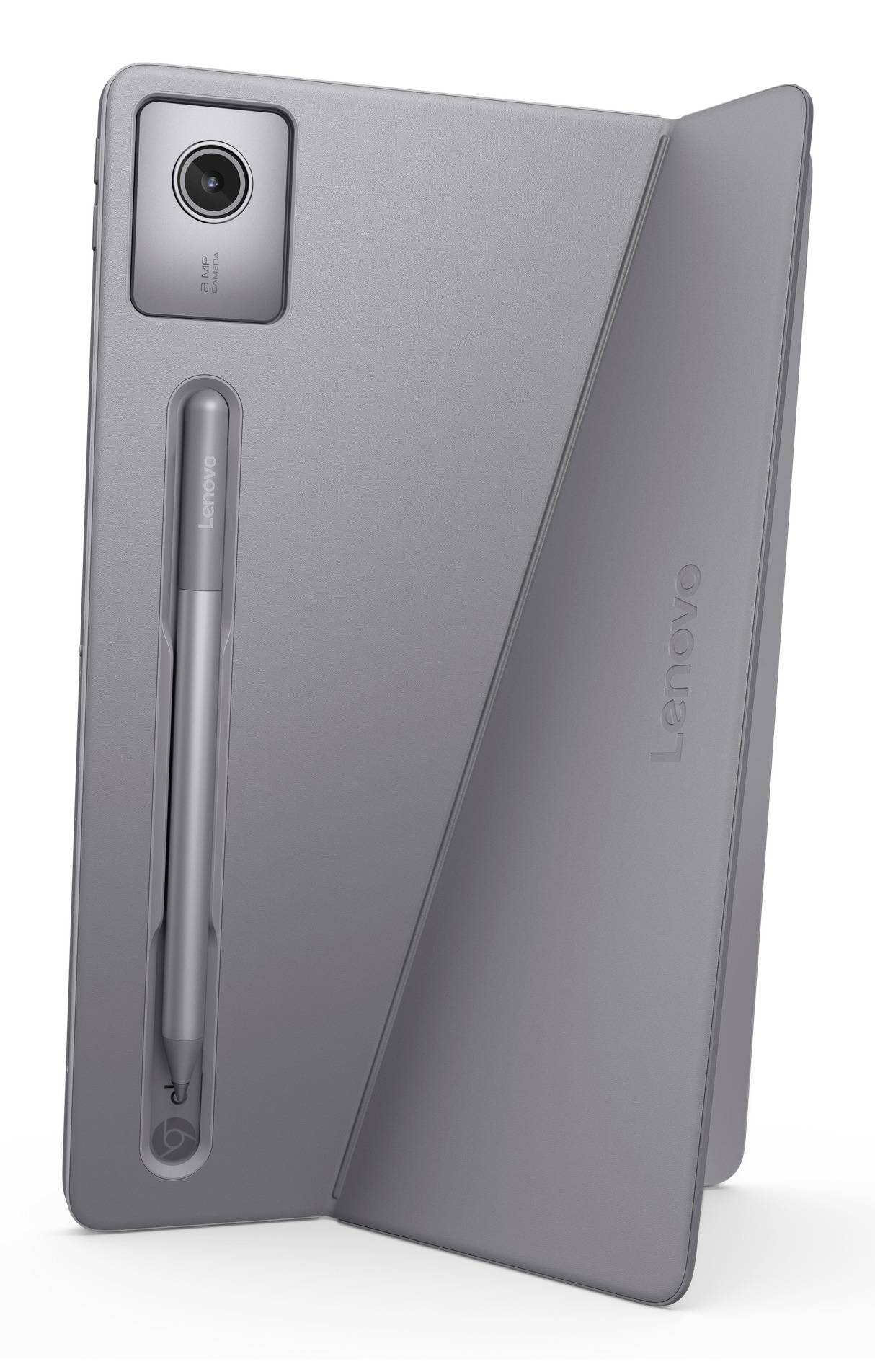Graues Lenovo-Tablet von hinten gezeigt mit einem im hinteren Schlitz angedockten Stift und einer teilweise geöffneten Schutzhülle.