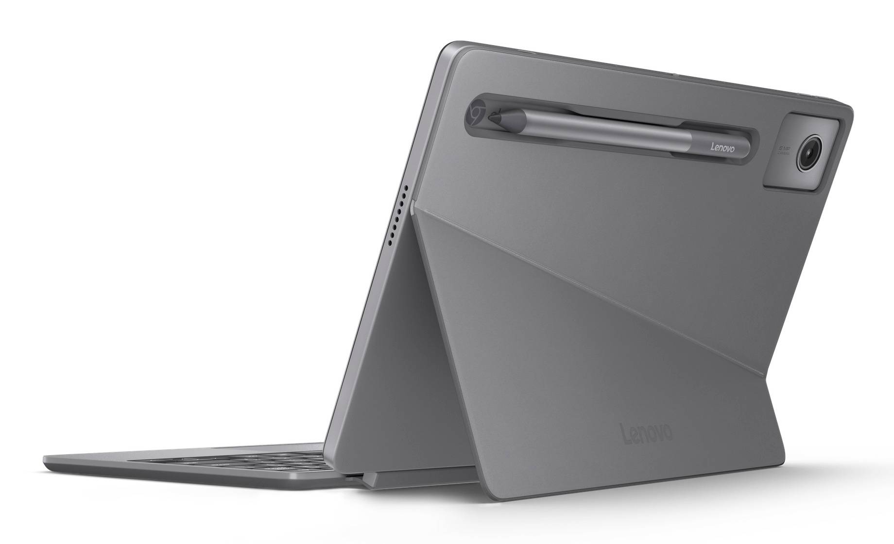 Grauer Lenovo 2-in-1 Laptop/Tablet im Standbetriebsmodus mit nach hinten eingeklappter Tastatur und Stylus auf der Rückseite angedockt.