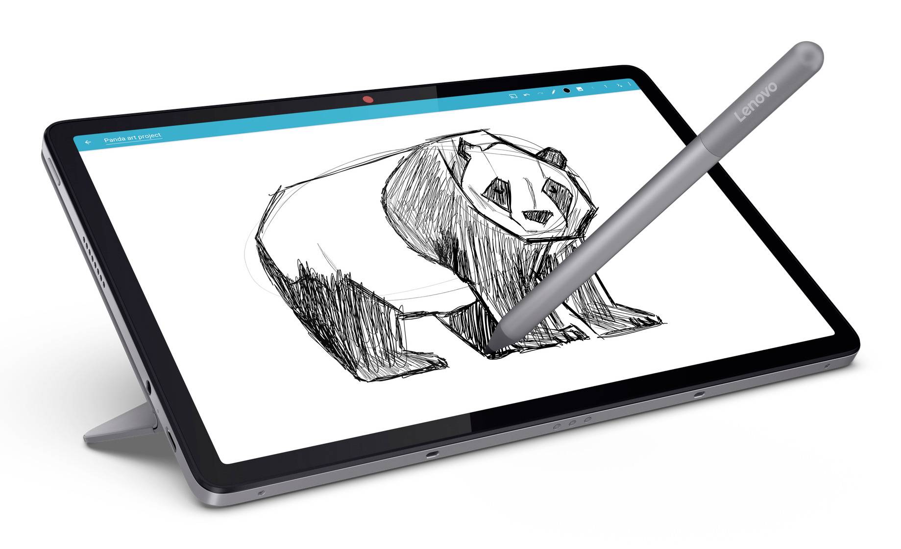 Tablet-Display mit einem Stift, der eine Panda-Skizze zeichnet, zeigt digitale Illustration oder Notizverwaltung auf einem Lenovo-Touchscreen-Gerät.
