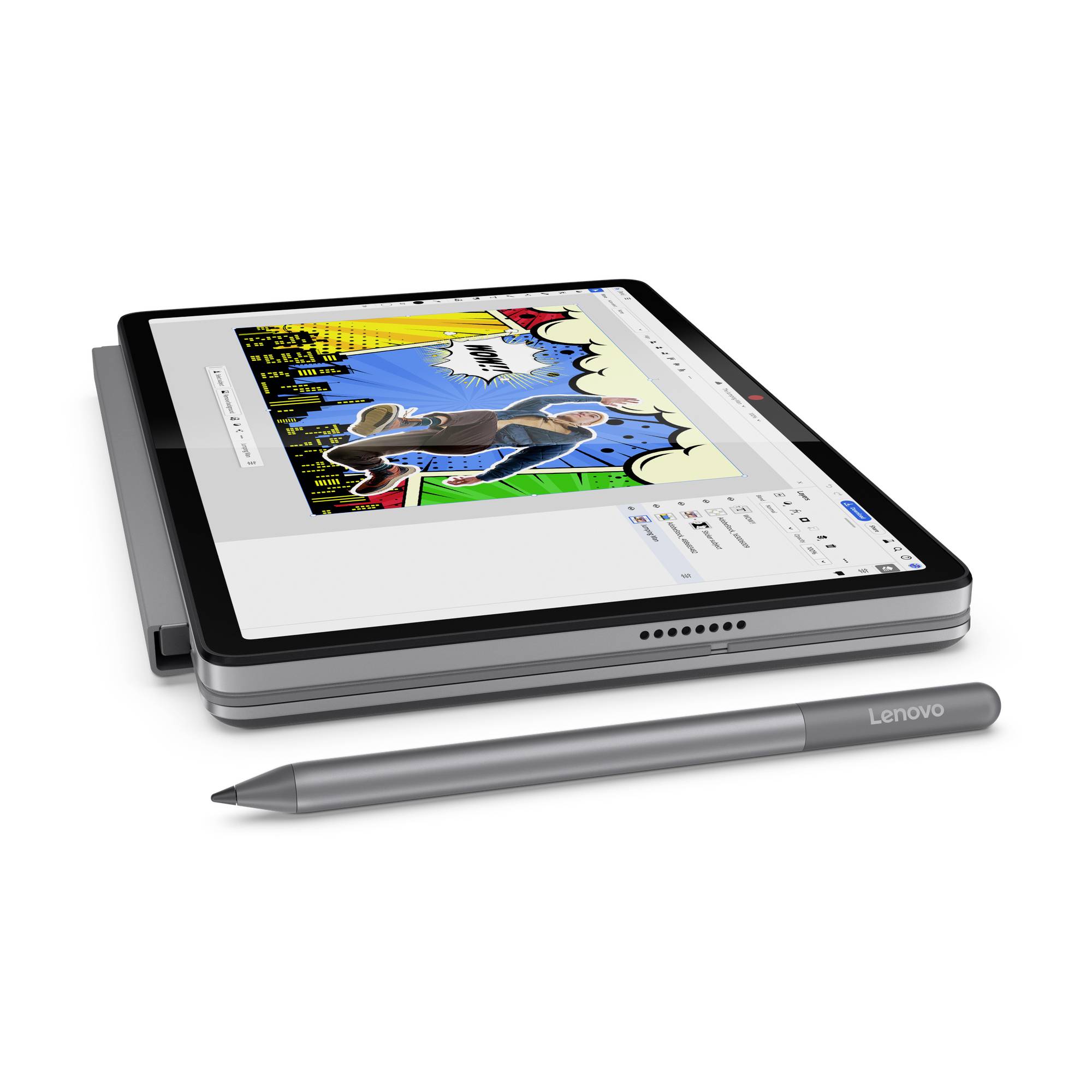 Lenovo-Tablet im Standbetrieb mit Stylus, zeigt eine bunte Comic-artige Zeichnung auf dem Bildschirm.