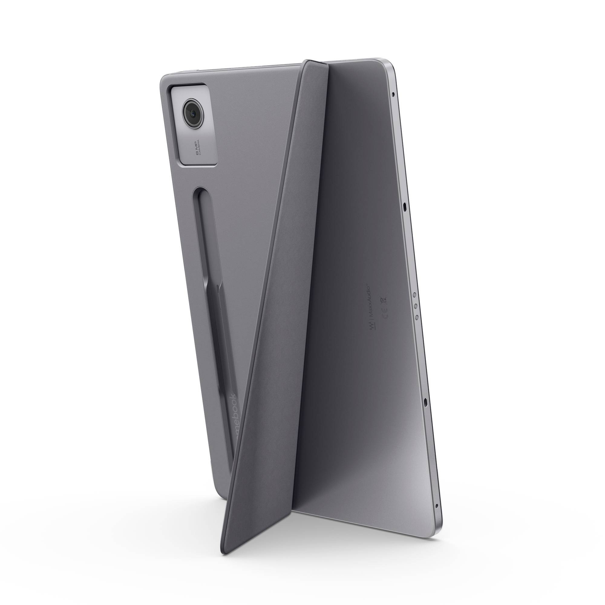Graues Tablet in einer Schutzhülle mit Ständer, in Winkellage dargestellt, um die hintere Kamera und den integrierten Ständer zu zeigen.