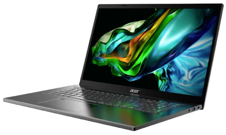 Acer-Laptop, schräg geöffnet gezeigt, mit einem farbenfrohen abstrakten Wirbel auf dem Bildschirm.