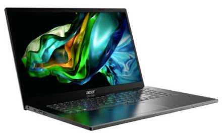 Acer-Laptop offen mit abstraktem grünem, blauem und orangefarbenem Display auf weißem Hintergrund.