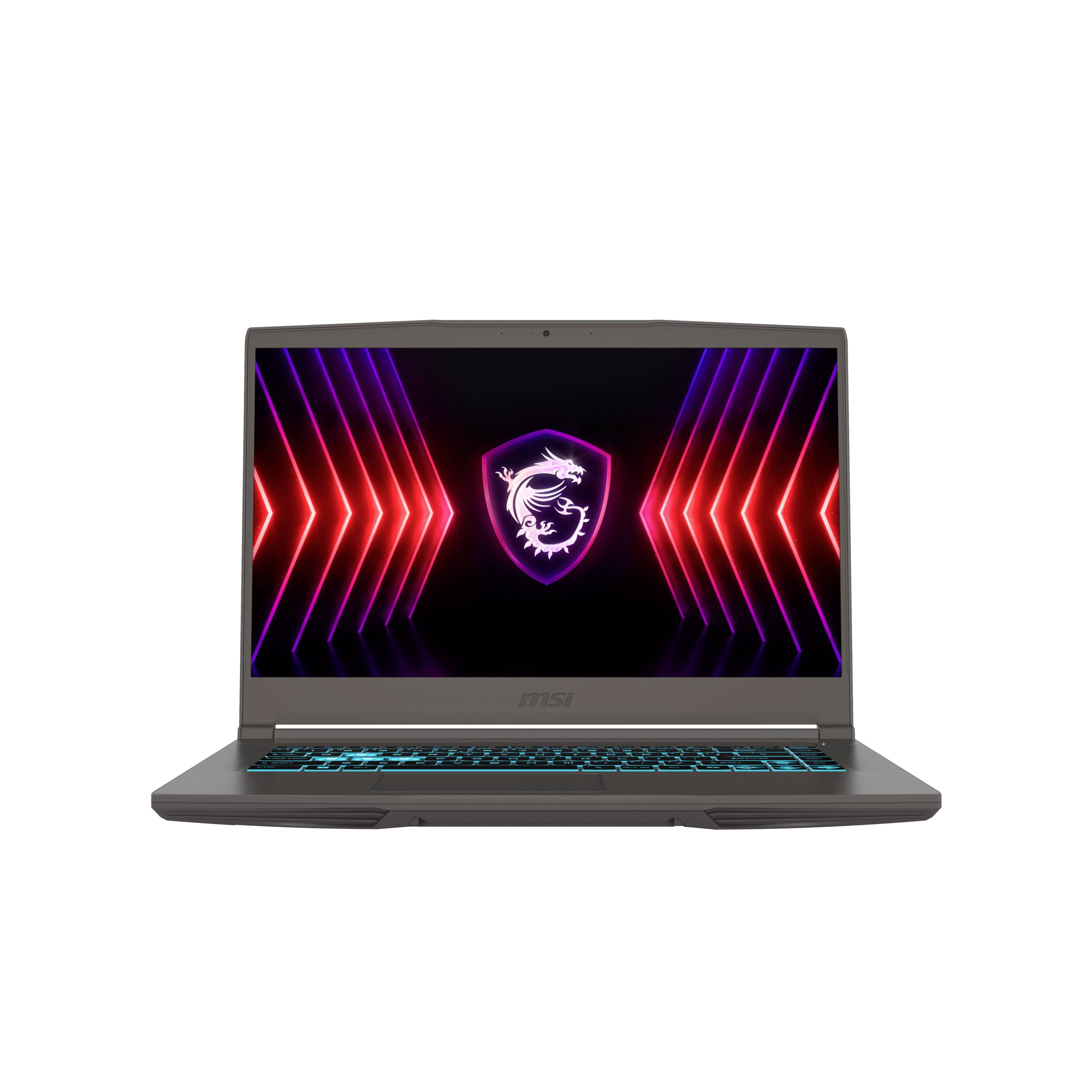 Öffnen Sie einen MSI Gaming-Laptop mit beleuchter Tastatur und Drachen-Logo auf dem Bildschirm.