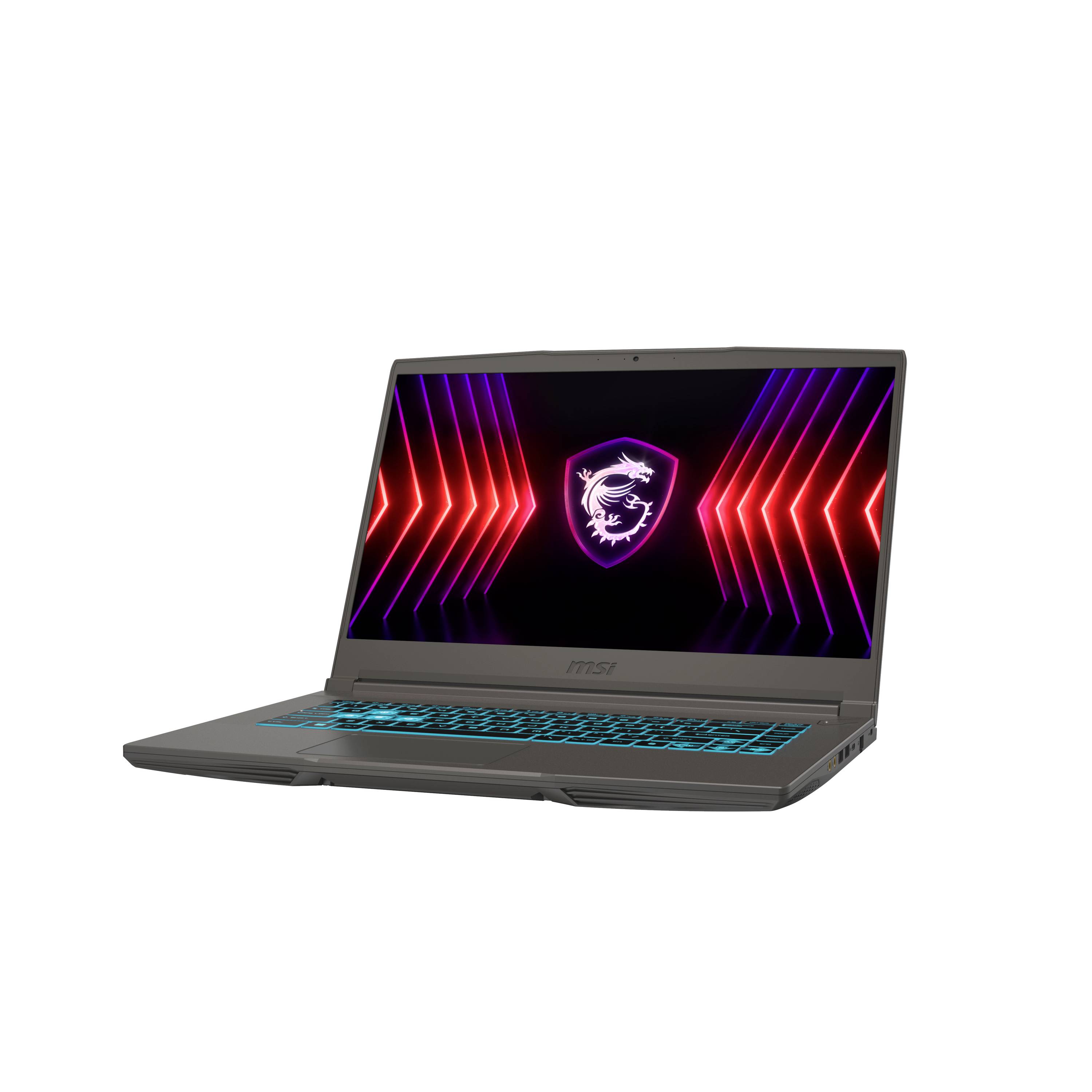 MSI Gaming-Laptop offen auf weißem Hintergrund, zeigt ein Neon-Rot- und Violett-Drachen-Logo auf dem Bildschirm und eine blaubeleuchtete Tastatur.