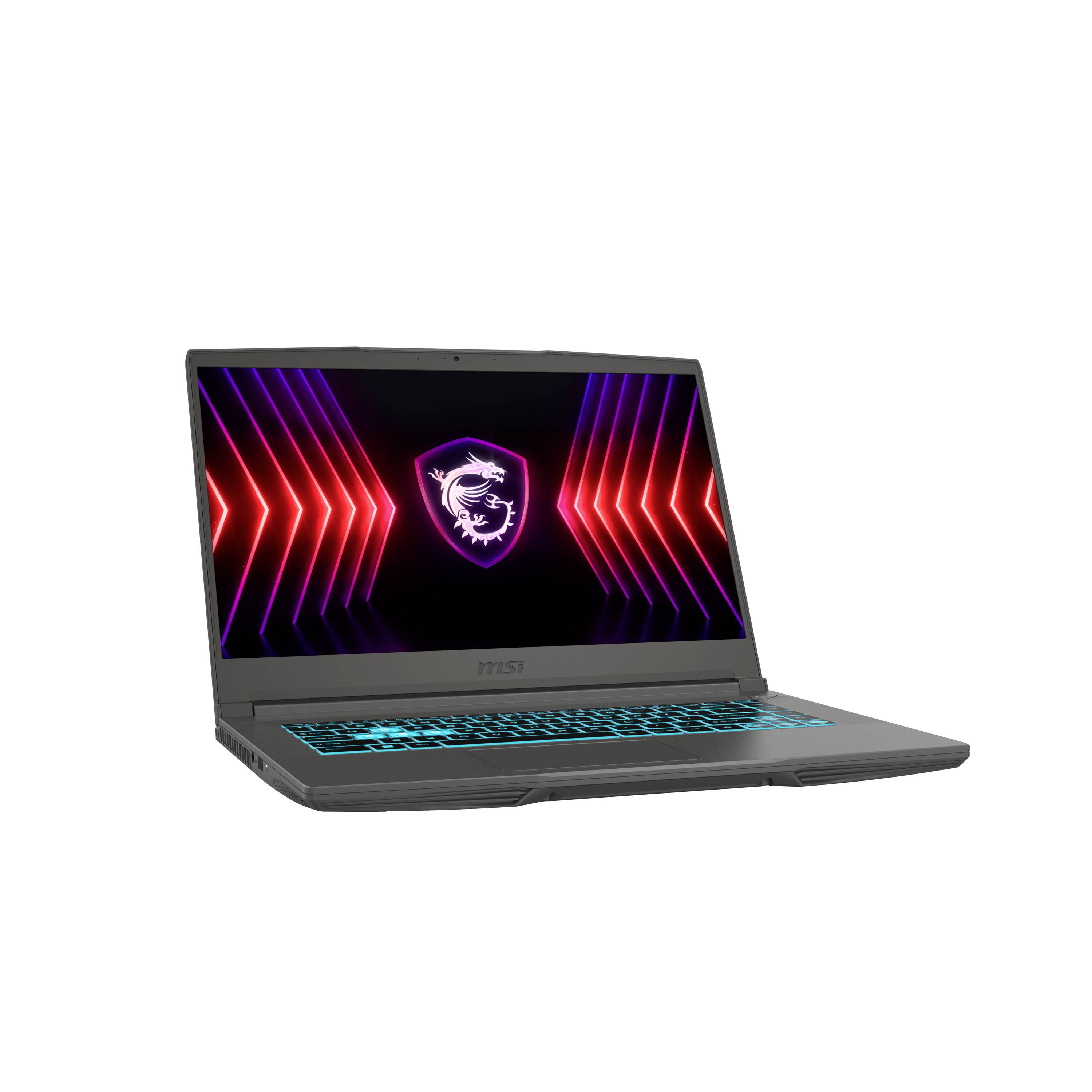 Gaming-Laptop in schräger Öffnungsposition mit MSI-Drachen-Logo auf dem Bildschirm, schwarzes Gehäuse und RGB-beleuchtete Tastatur auf weißem Hintergrund.