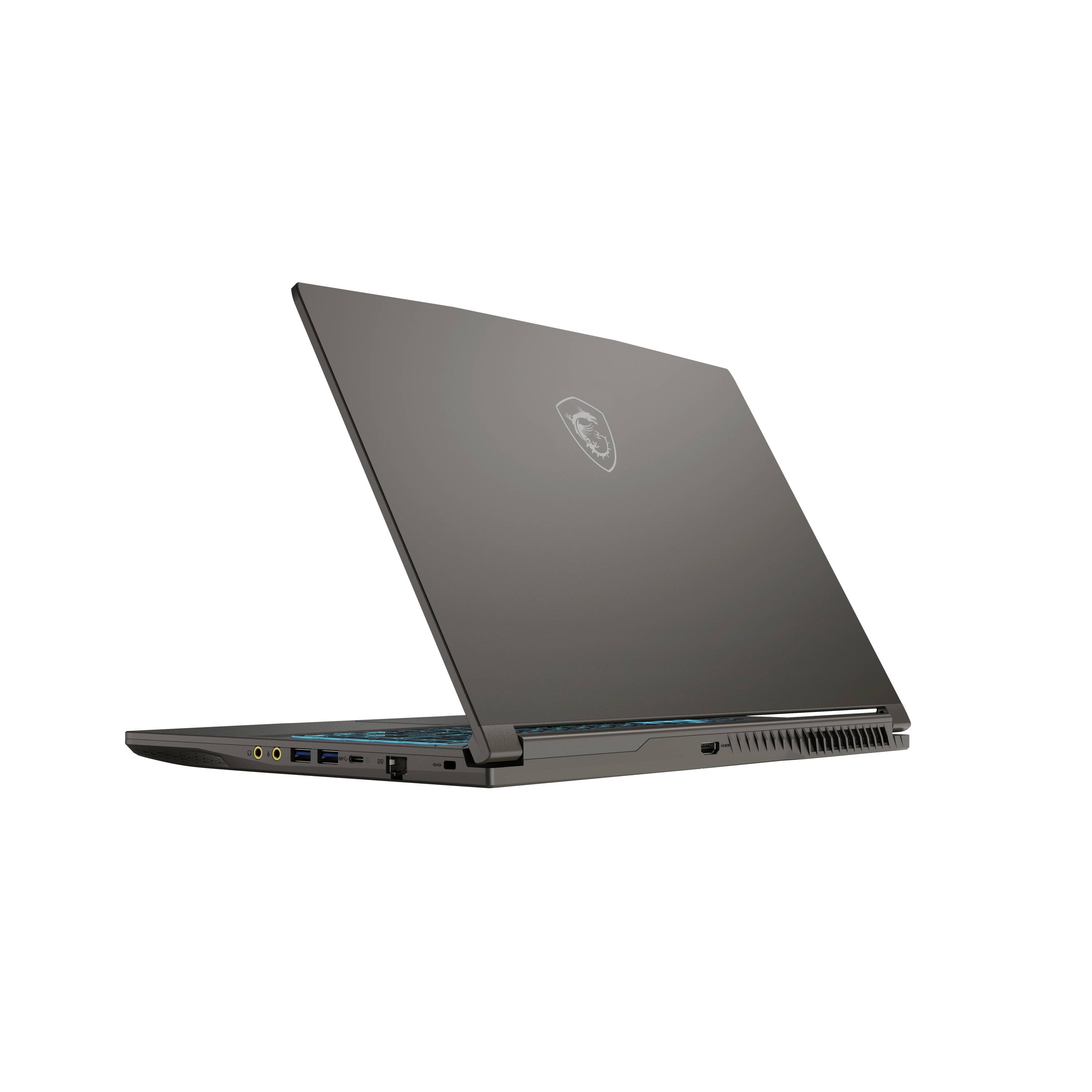 Offener schwarzer Laptop von der hinteren linken Seite gezeigt, Deckel teilweise geöffnet, mit sichtbaren Seitenports auf weißem Hintergrund.