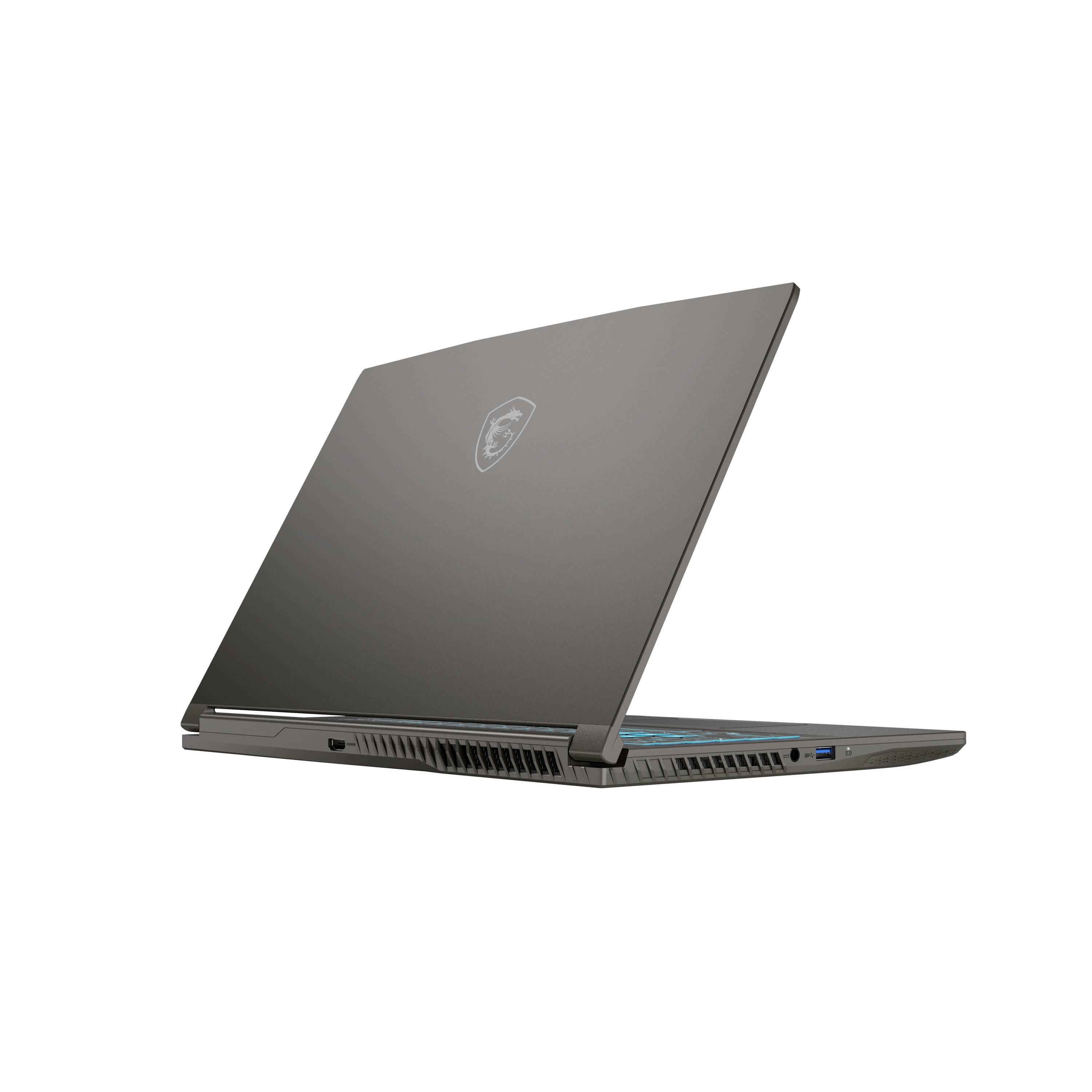 Offenes dunkelgraues Laptop, das in einem Winkel gezeigt wird, mit teilweise geschlossenem Deckel und sichtbaren Seitenports auf weißem Hintergrund.