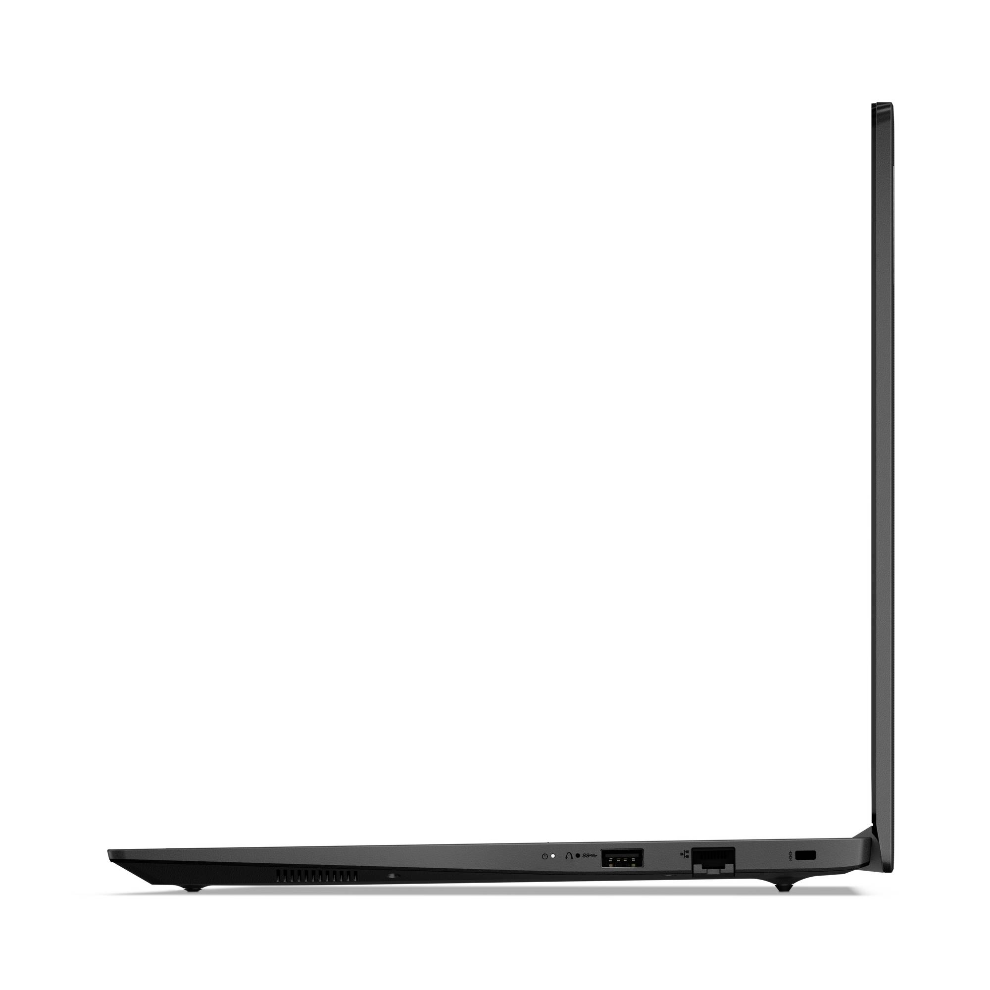 Dünner schwarzer Laptop in Seitenansicht gezeigt, flach geöffnet mit dem Display senkrecht im rechten Winkel, wobei die Anschlüsse entlang der Basis sichtbar sind.