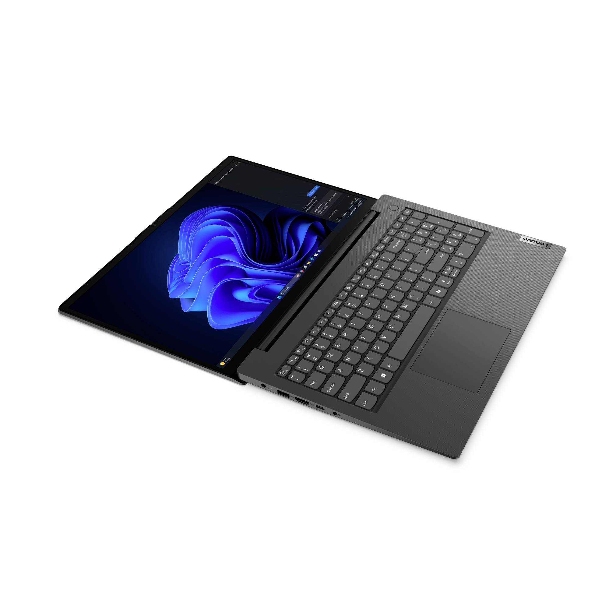 Ein aufgeklappter 2-in-1-Lenovo-Laptop, teilweise geöffnet, mit dem Bildschirm auf der linken Seite, der eine blaue abstrakte Windows-ähnliche Hintergrundtapete anzeigt, und der Tastatur auf der rechten Seite.