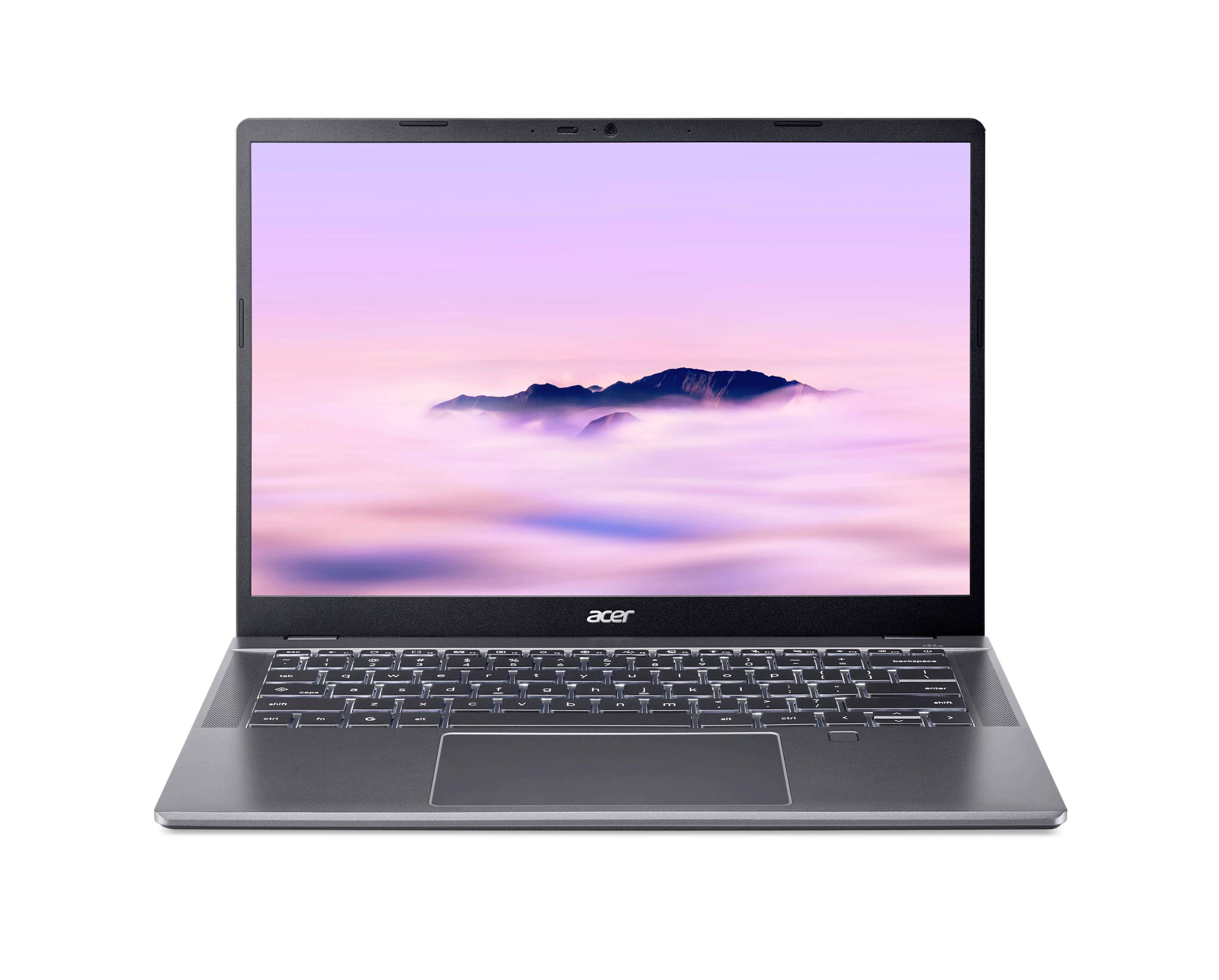 Acer-Laptop mit einem Landschaftshintergrundbild, das einen kleinen Berggipfel zeigt, der bei Sonnenaufgang über sanfte Wolken hervorragt.