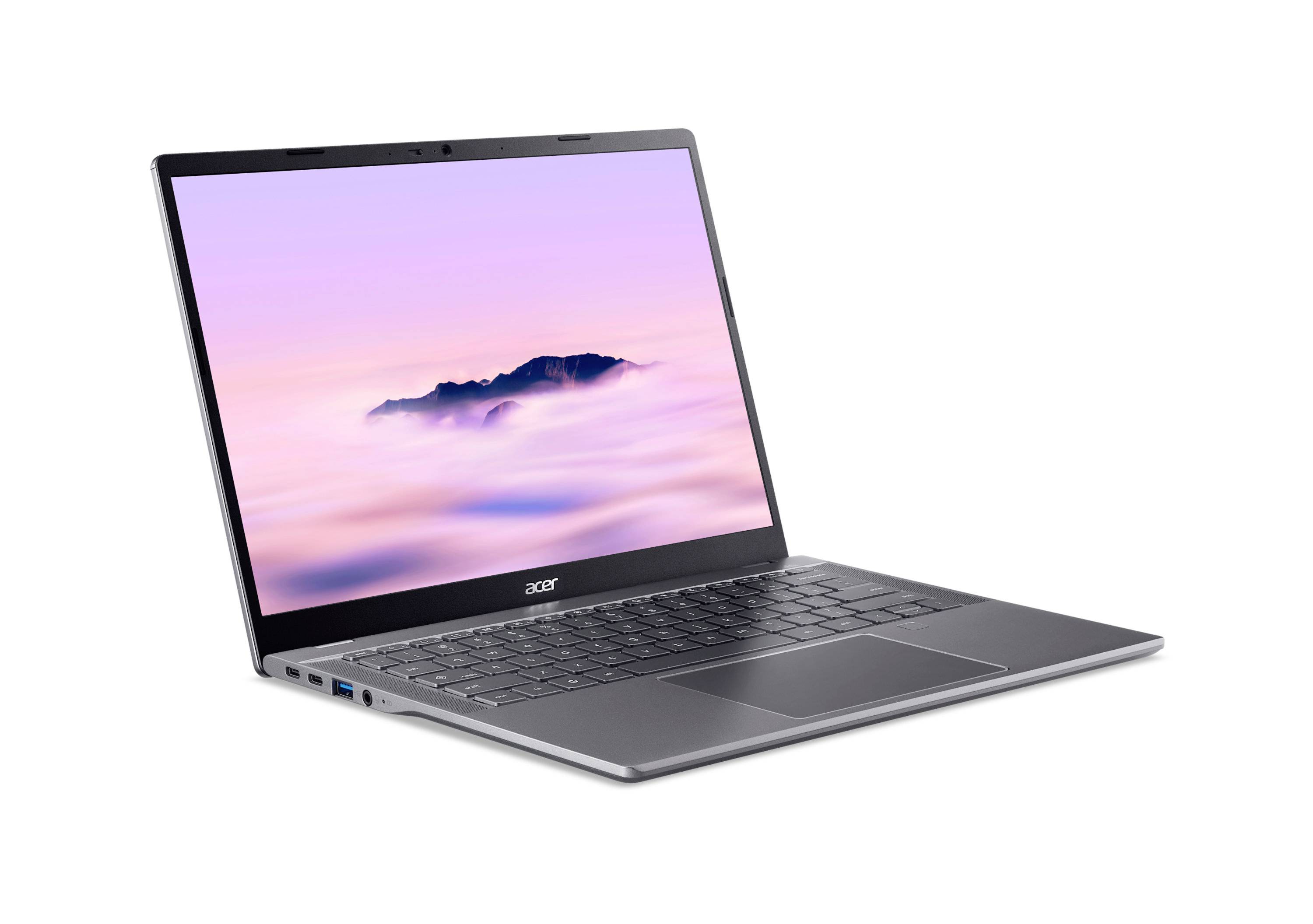 Ein silberner Acer-Laptop, schräg geöffnet, zeigt ein Pastellbergpapier auf dem Bildschirm.
