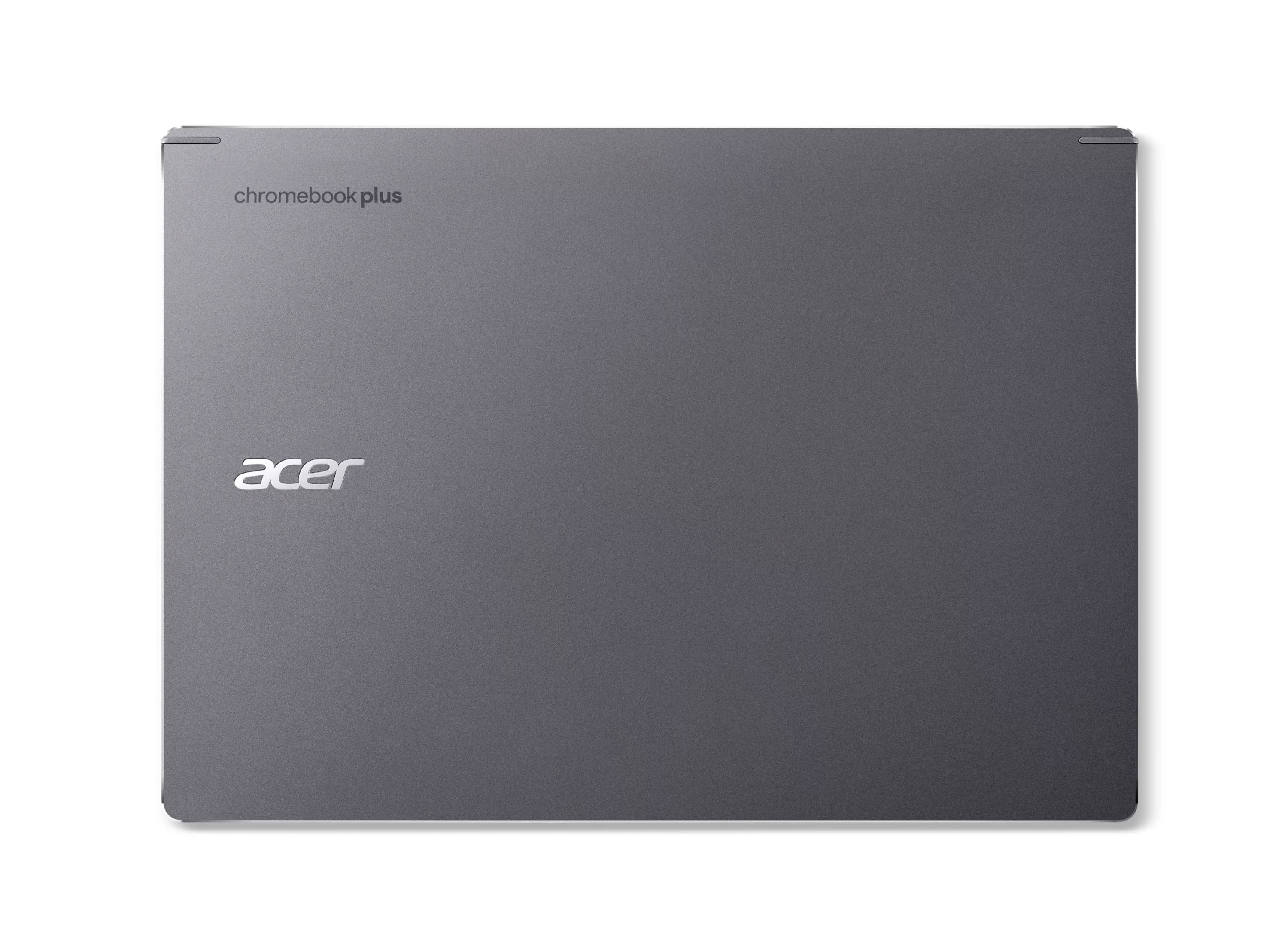 Geschlossener grauer Acer Chromebook Plus Laptop, Draufsicht mit Acer-Logo und "chromebook plus"-Text auf dem Deckel.