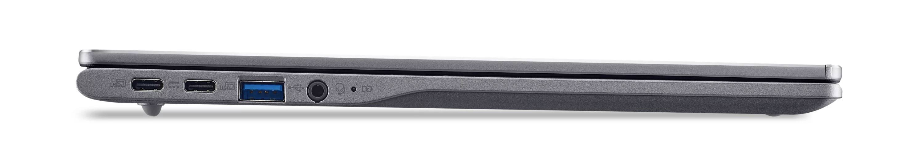 Seitenansicht eines schlanken silbernen Laptops mit geschlossenem Deckel und Anschlüssen entlang der vorderen Kante.