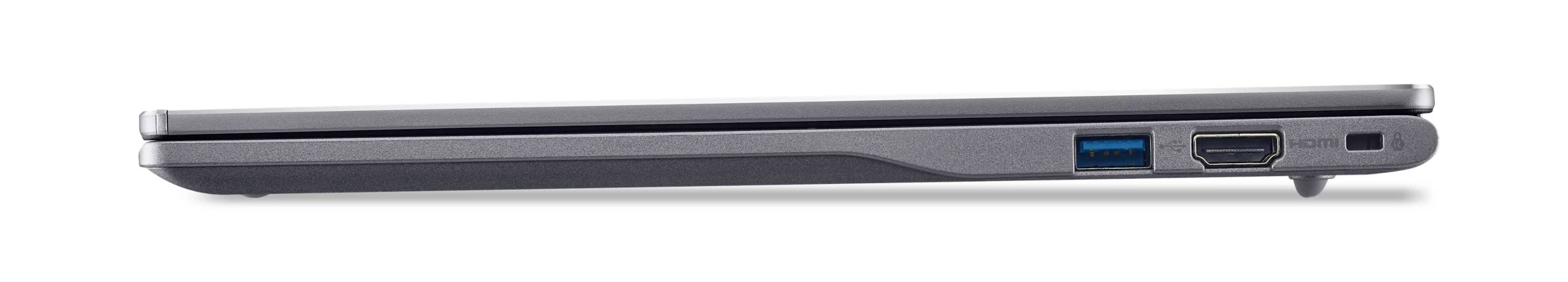 Seitenansicht eines silbernen Laptops, die das dünne Profil mit einem USB-Anschluss, HDMI-Anschluss und Stromstecker auf der rechten Seite zeigt.