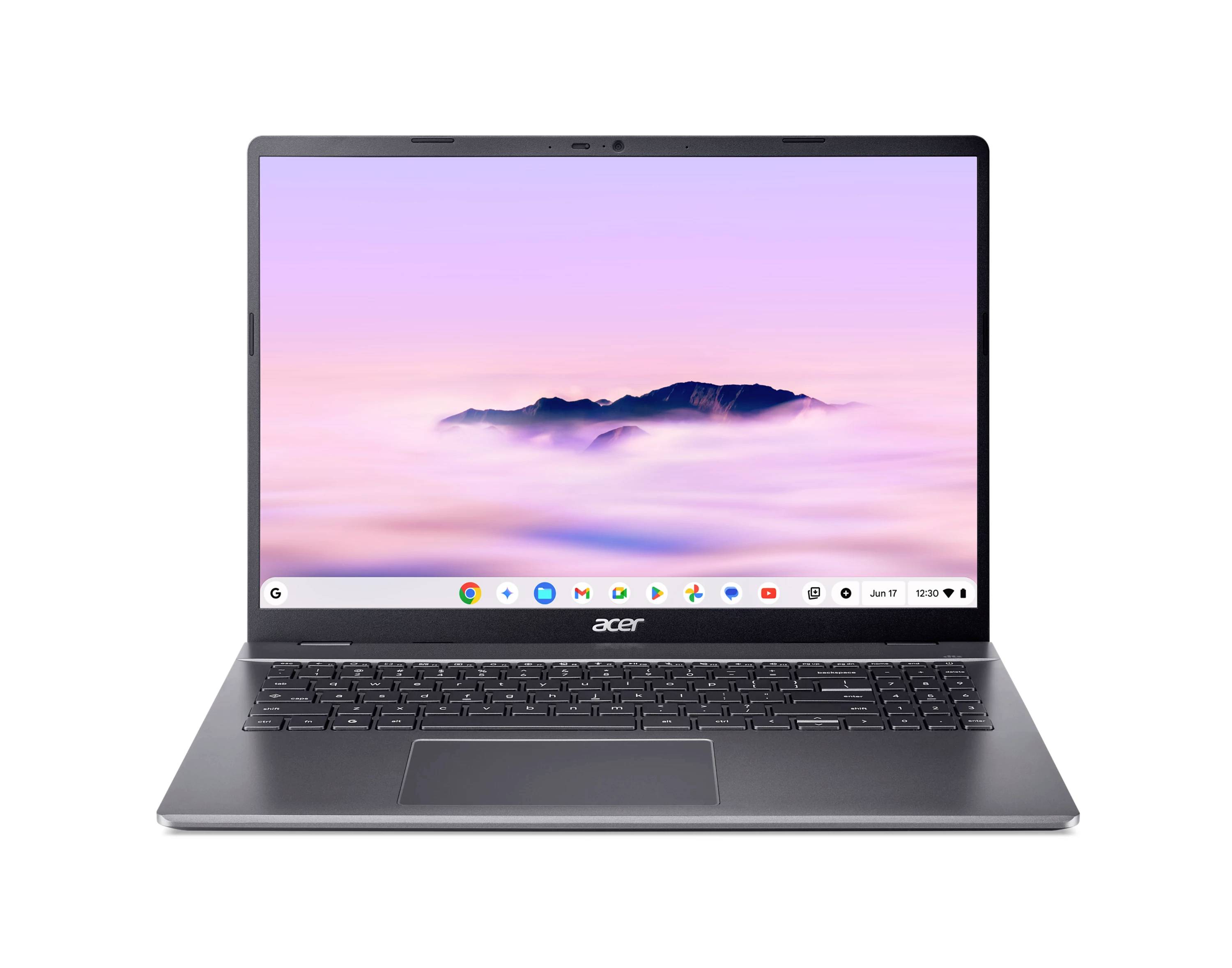 Acer-Laptop offen mit einer pastellfarbenen Landschaftstapete auf dem Bildschirm und Chrome OS Regalsymbolen entlang des unteren Randes.