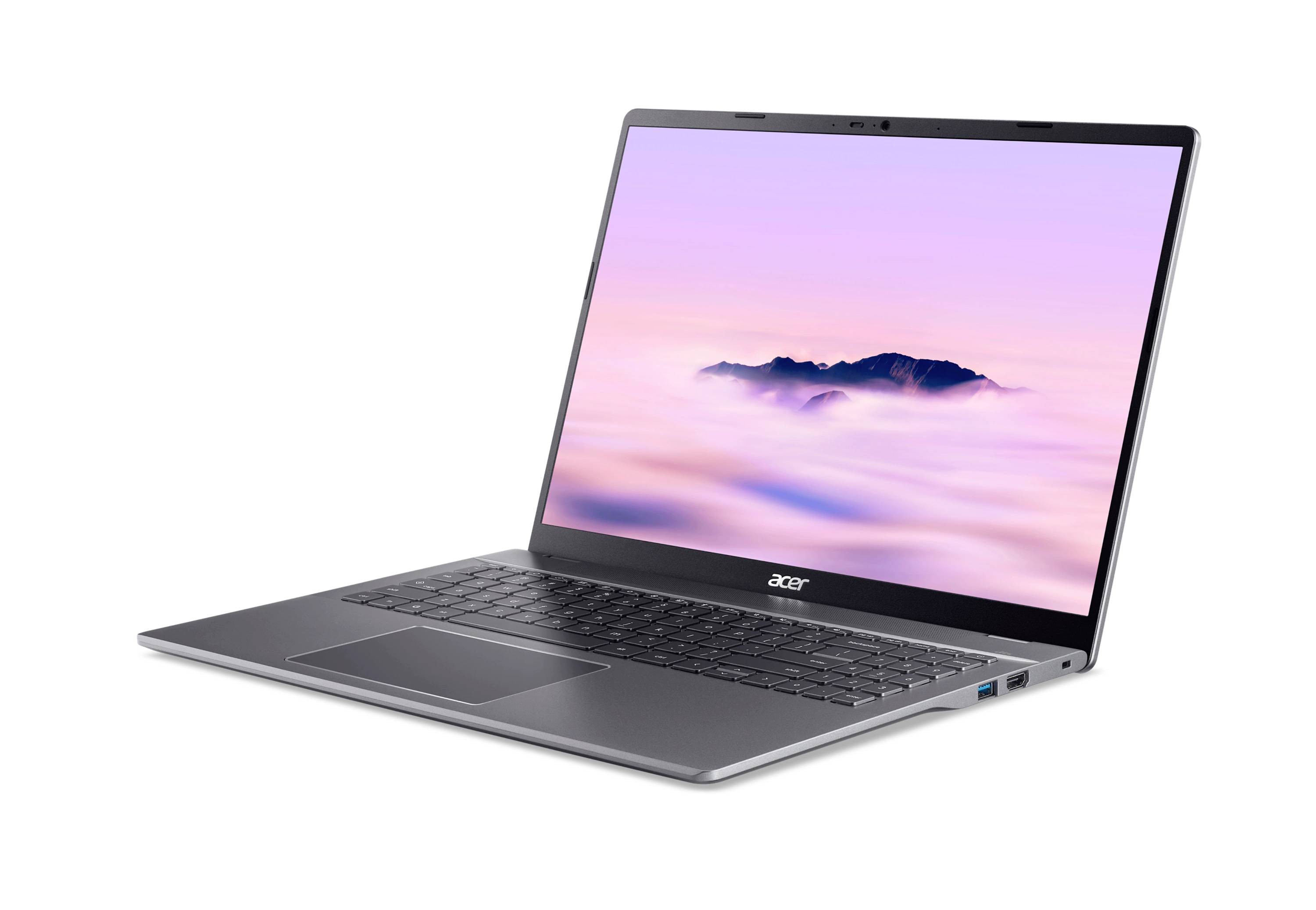 Acer-Laptop mit violetter Landschaftstapete auf dem Bildschirm, auf weißem Hintergrund dargestellt.