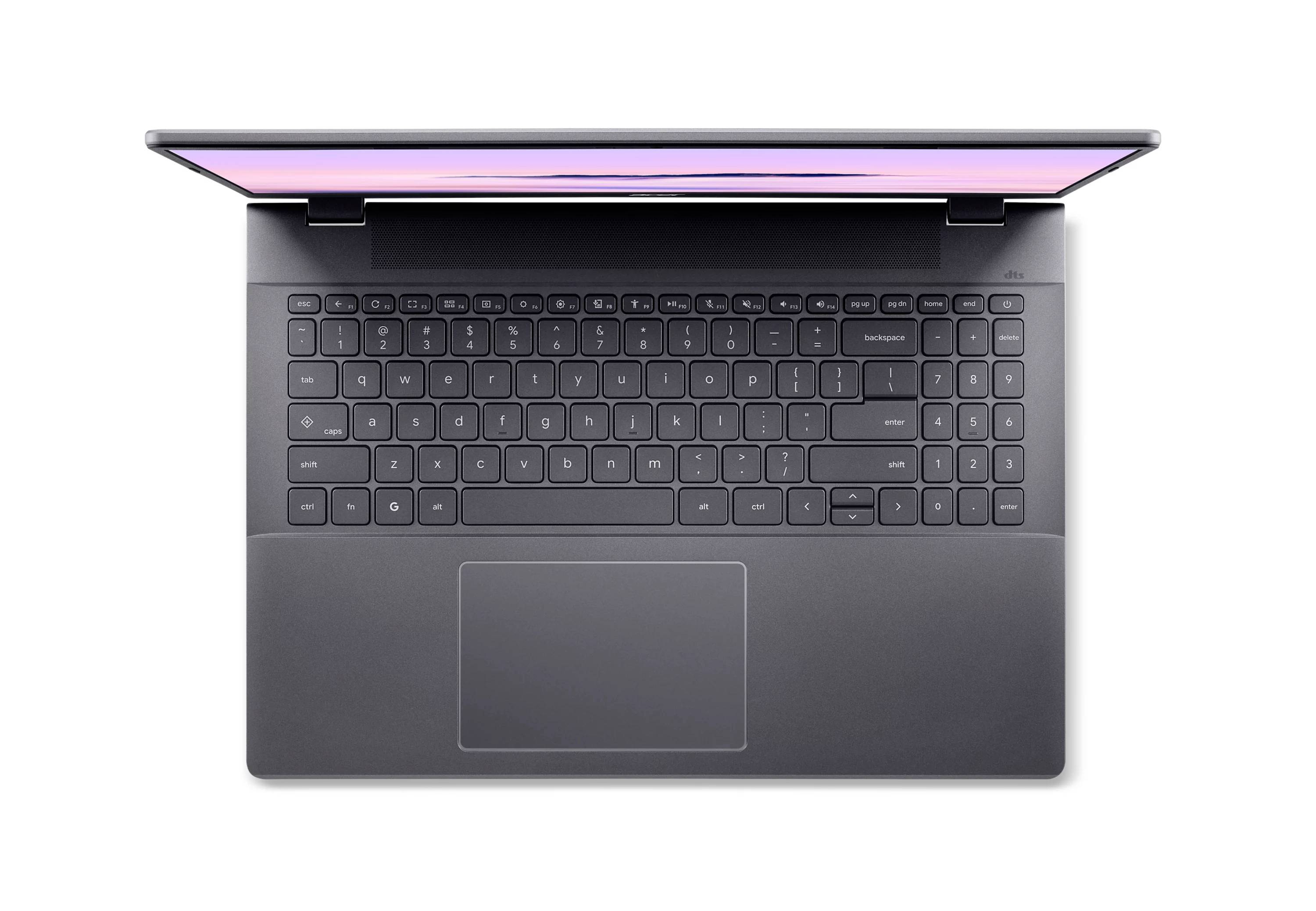 Draufsicht auf einen geöffneten grauen Laptop mit leerem Bildschirm und Tastatur, dargestellt vor einem weißen Hintergrund.