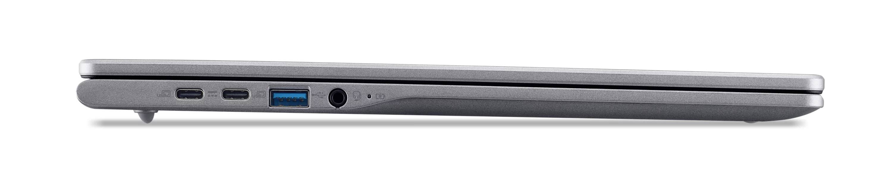 Seitenansicht eines dünnen silbernen geschlossenen Laptops mit Seitenports einschließlich USB und Audiobuchse.