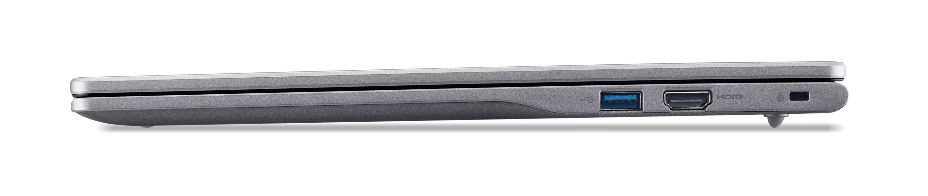 Seitenansicht eines geschlossenen silbernen Laptops mit schlankem Profil und USB- und HDMI-Anschlüssen auf der rechten Seite.