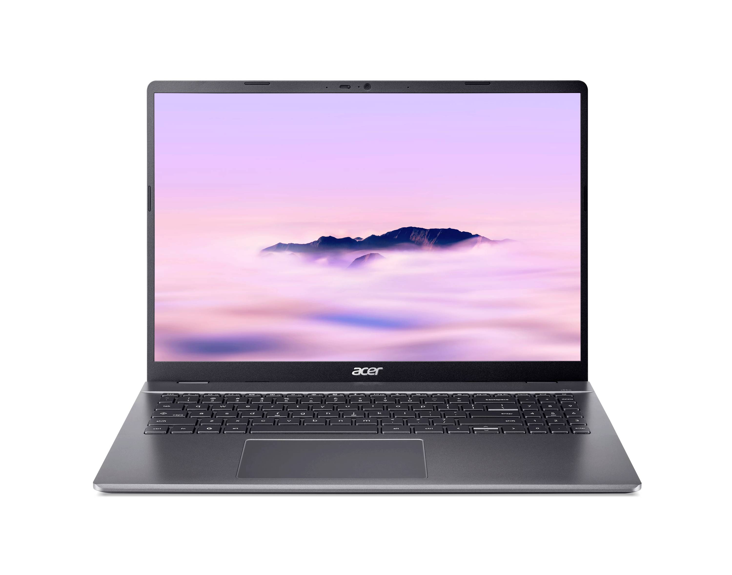 Acer-Laptop von vorne mit einer Berglandschaft auf dem Bildschirm, geschlossen auf weißem Hintergrund dargestellt.