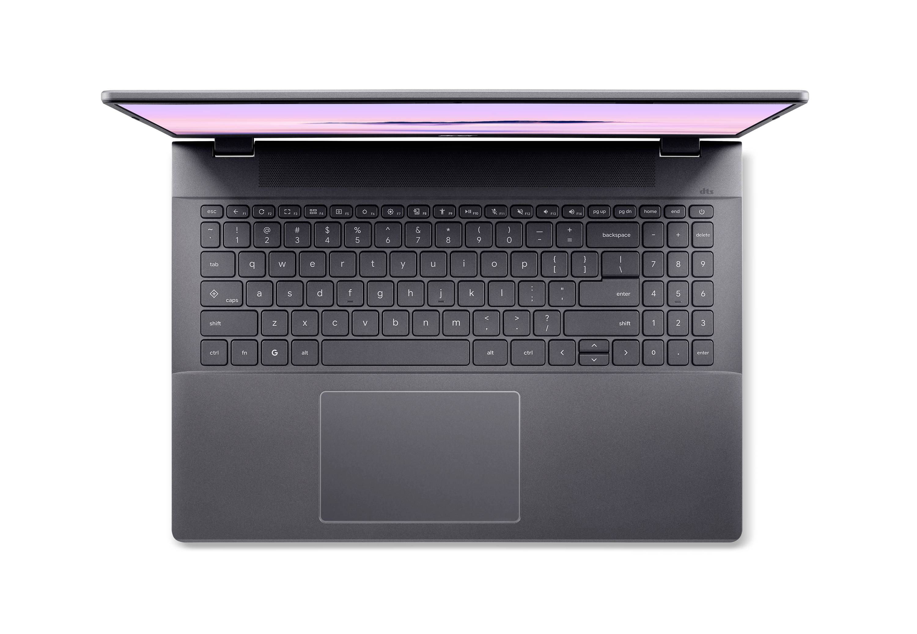 Draufsicht auf einen geöffneten grauen Laptop mit angehobenem Bildschirm, der die Tastatur und das große Trackpad zeigt.