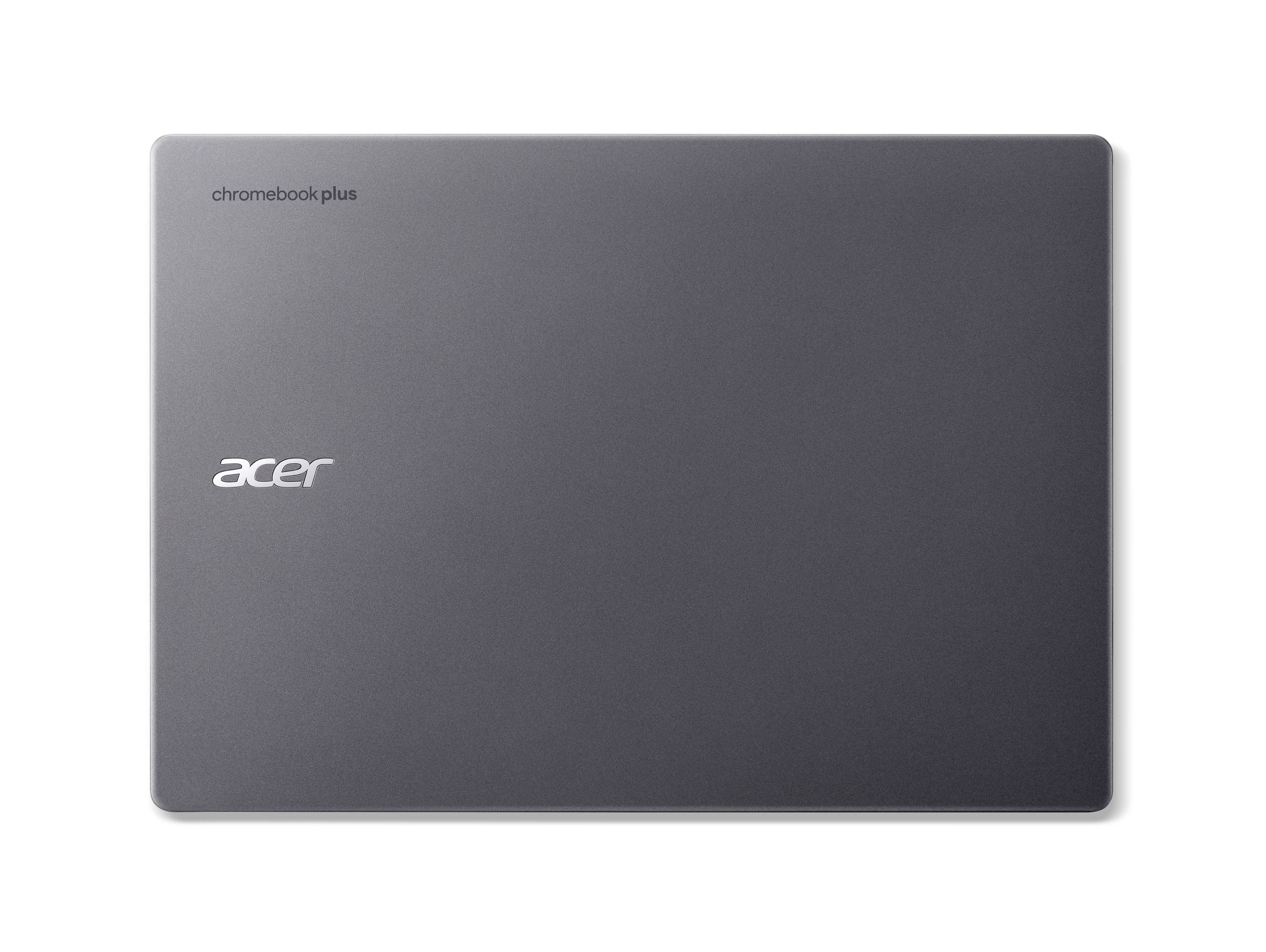 Geschlossenes graues Acer Chromebook Plus Laptop mit Logo auf dem Deckel, von oben auf weißem Hintergrund gezeigt.